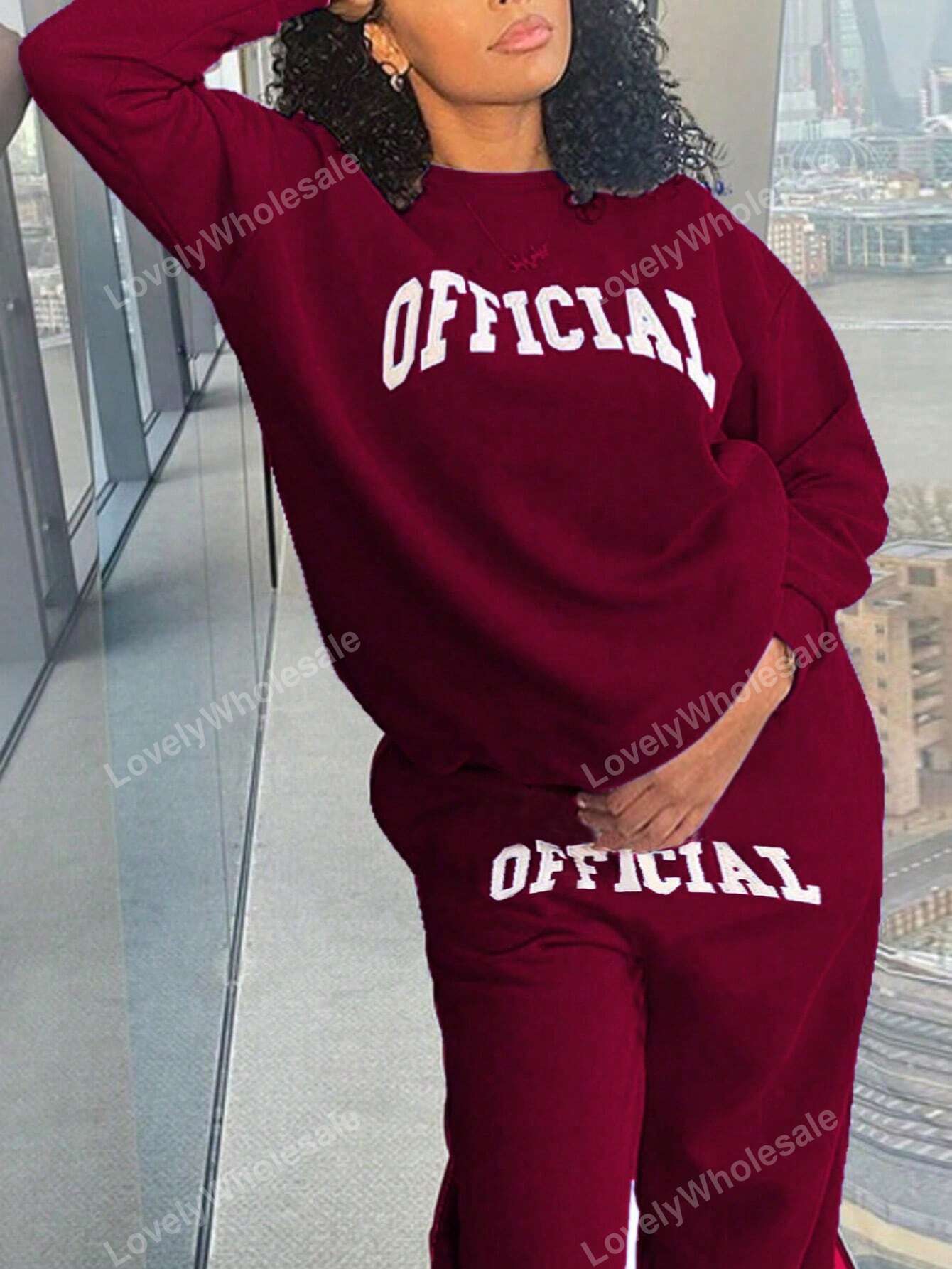 LovelyWholesale Women'S Casual Round Neck Off Shoulder Long Sleeved Letter Printed Sweatshirt And Pants Set For Autumn And Winter