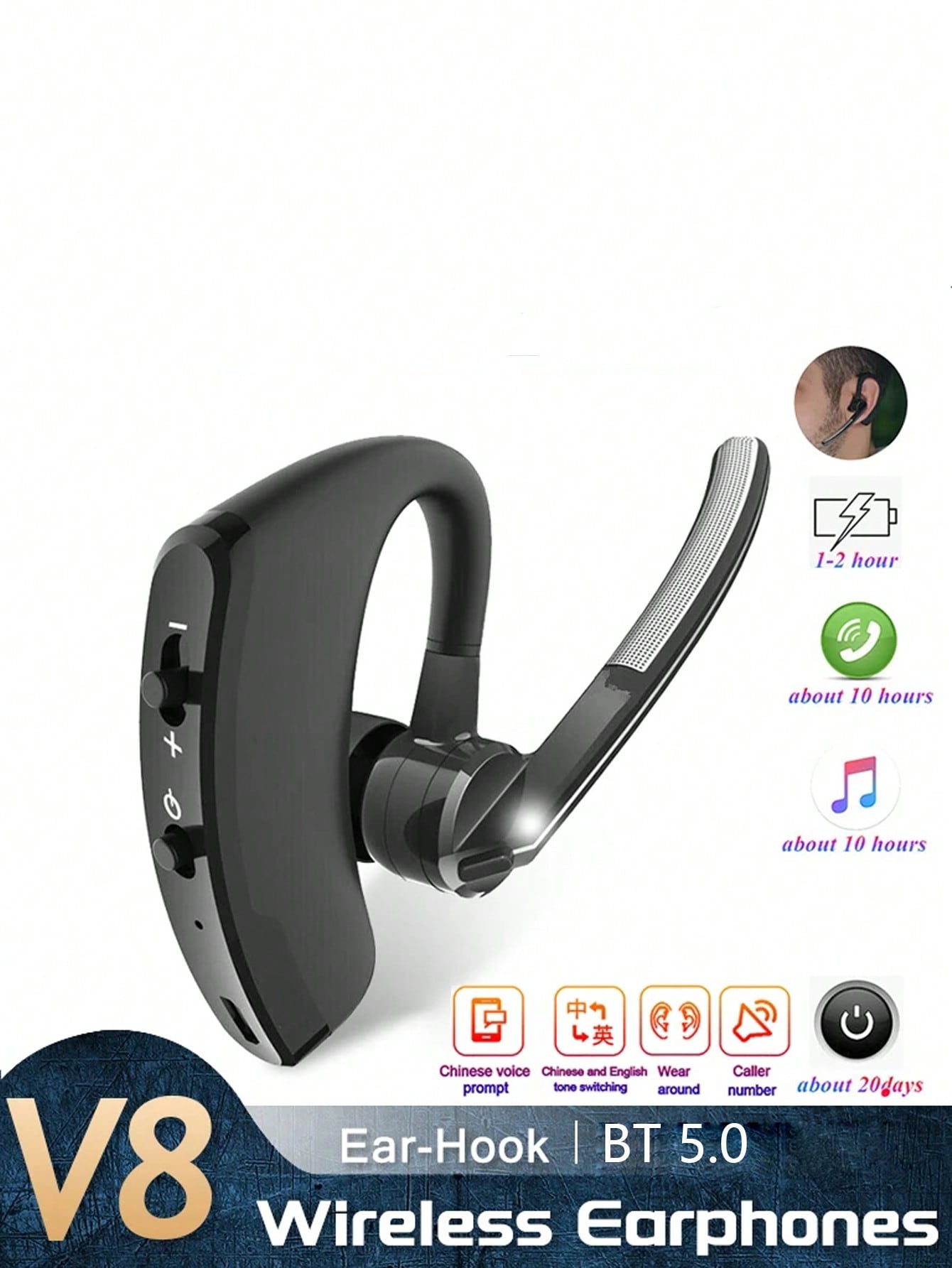 V9 Business CSR Bluetooth Wireless Earphone With Ear Hook, Stereo Sound