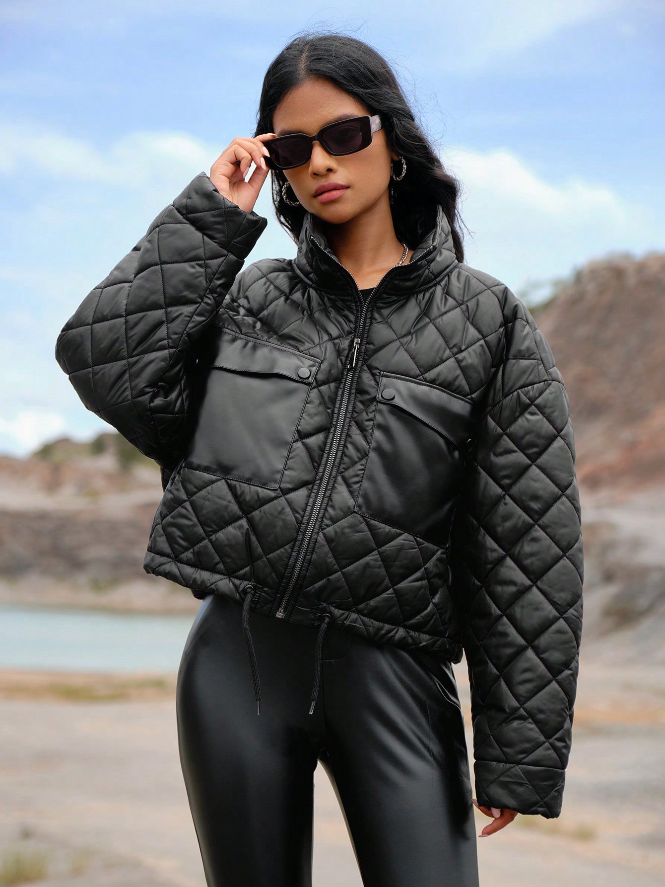 Short Padded Jacket With Large Pockets, Hem Drawstring