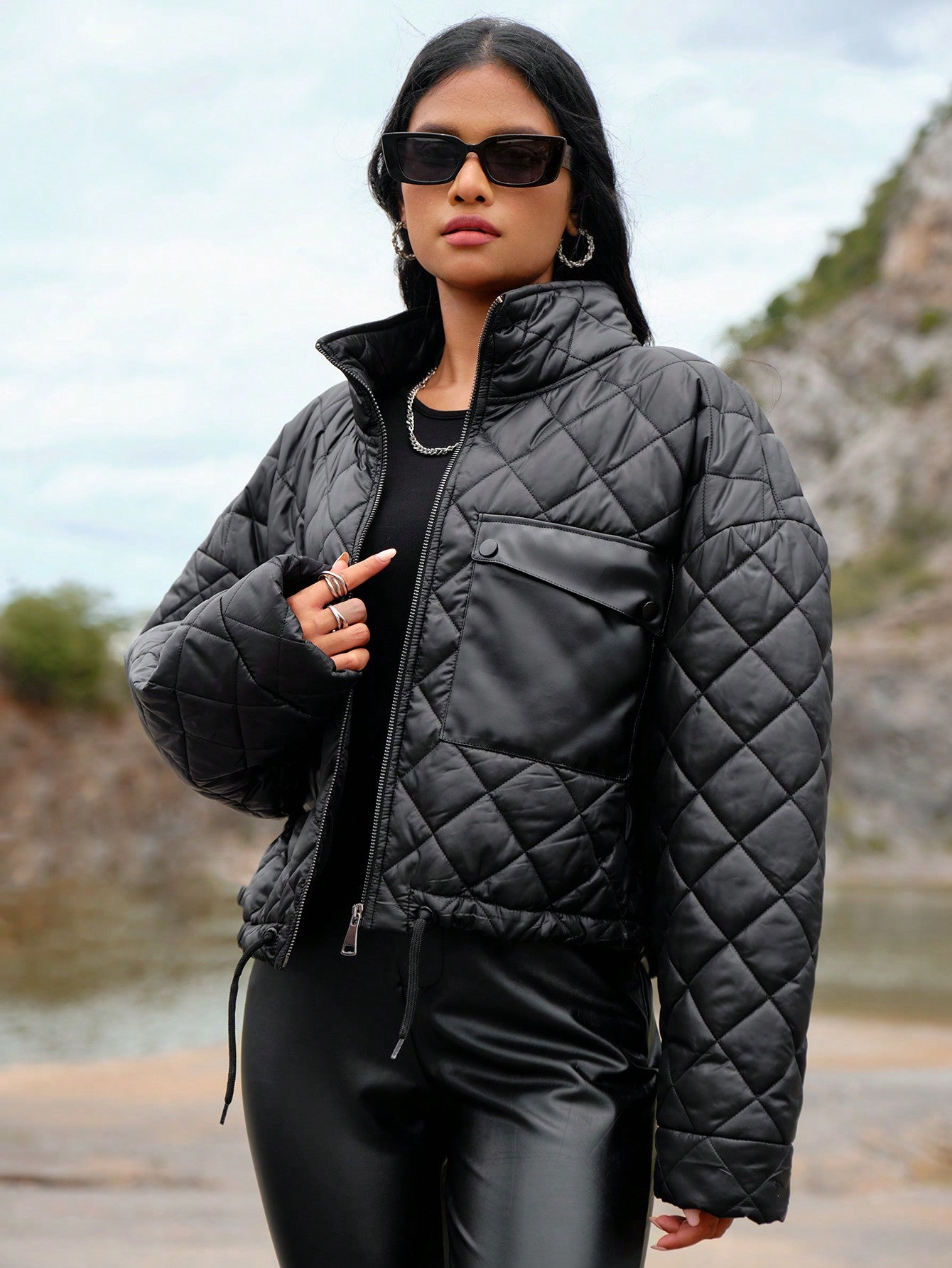 Short Padded Jacket With Large Pockets, Hem Drawstring