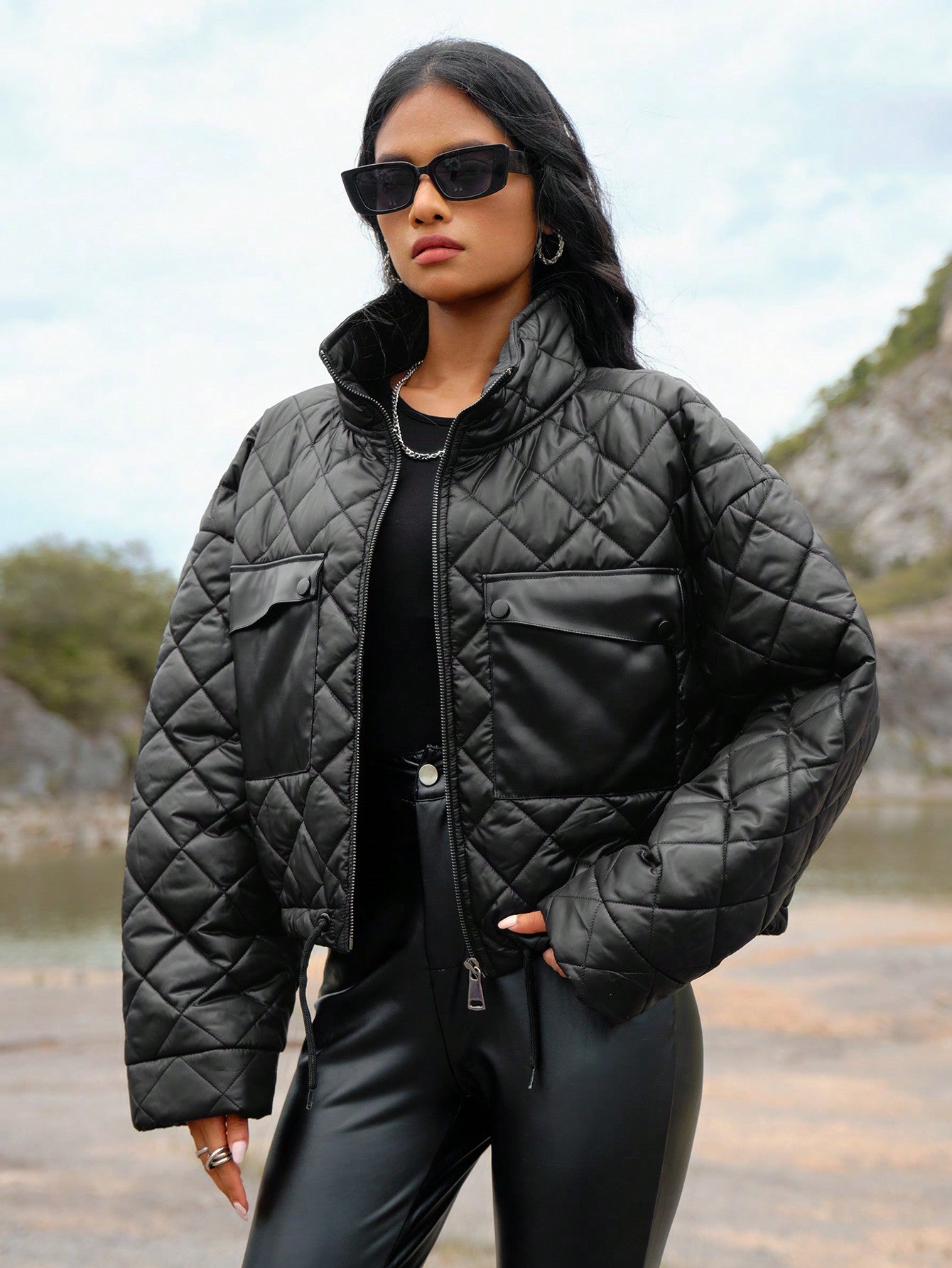 Short Padded Jacket With Large Pockets, Hem Drawstring