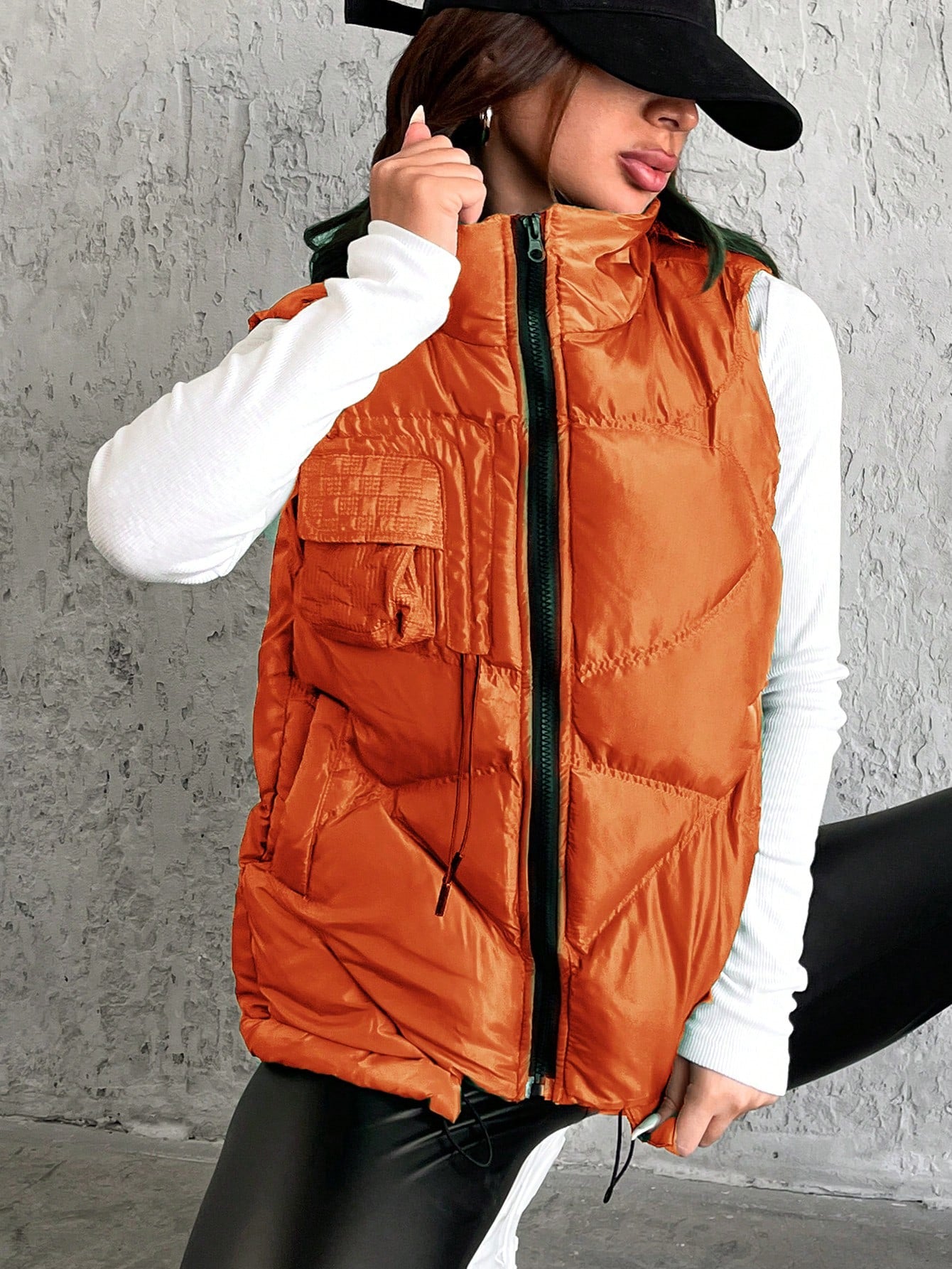 Flap Pocket Drawstring Hem Puffer Vest Coat