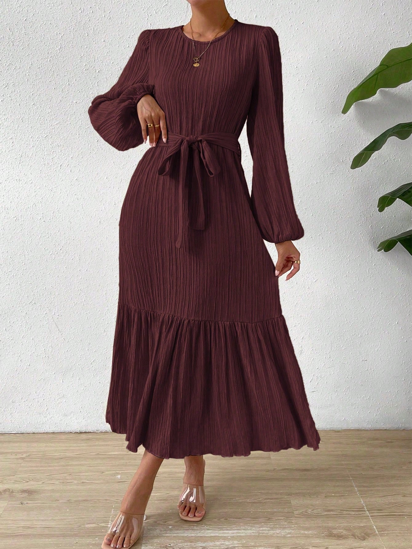 Clasi Lantern Sleeve Ruffle Hem Belted Dress Maxi Women Outfit