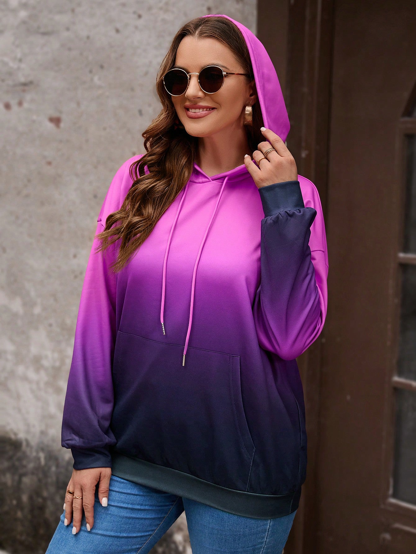 EMERY ROSE Plus Ombre Drop Shoulder Drawstring Hoodie