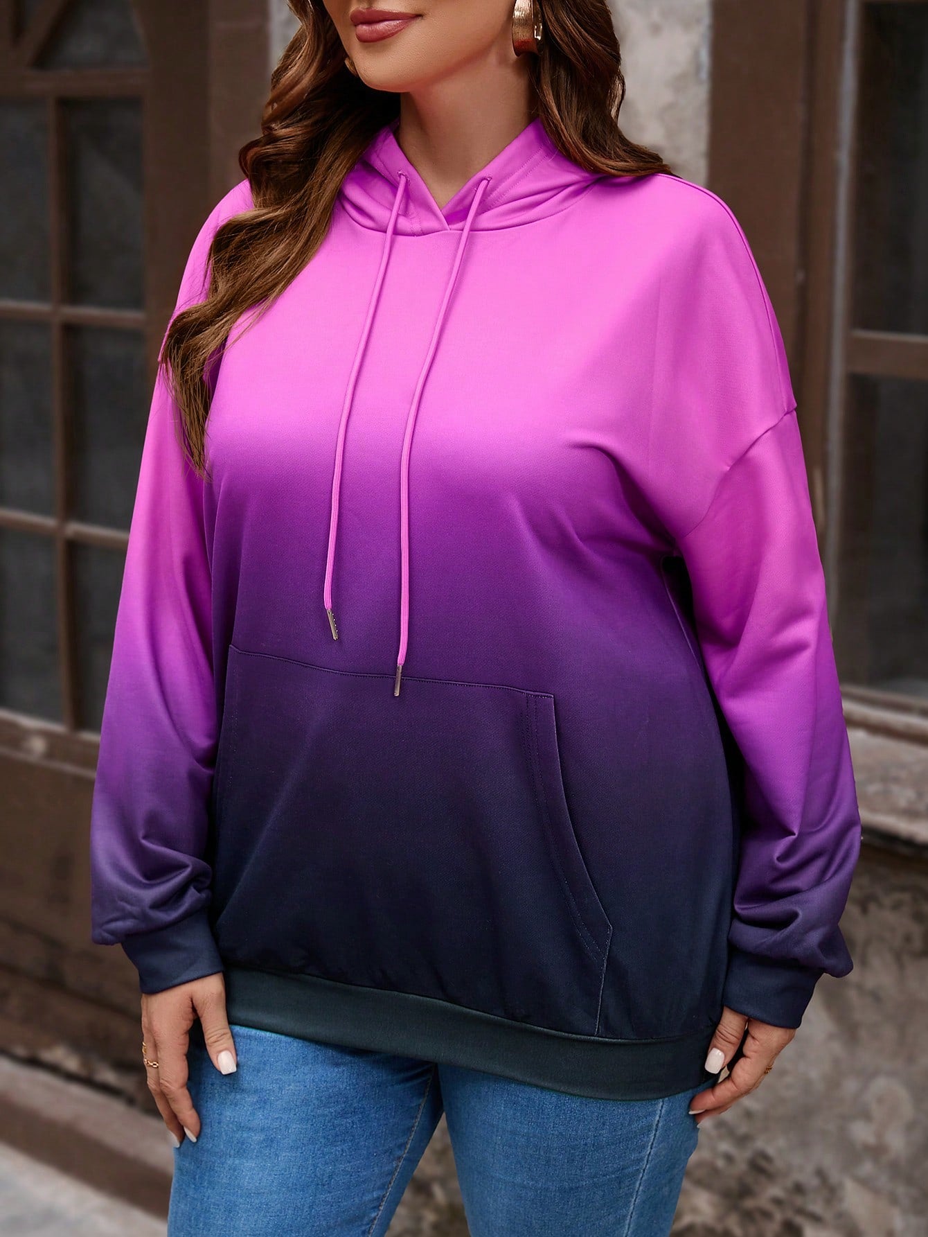 EMERY ROSE Plus Ombre Drop Shoulder Drawstring Hoodie