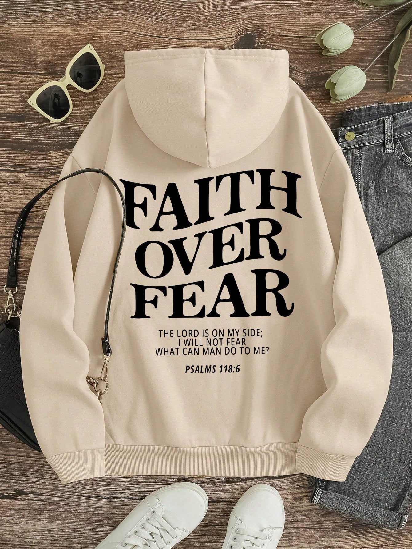 EZwear Slogan Graphic Kangaroo Pocket Drawstring Thermal Hoodie,Long Sleeve Tops