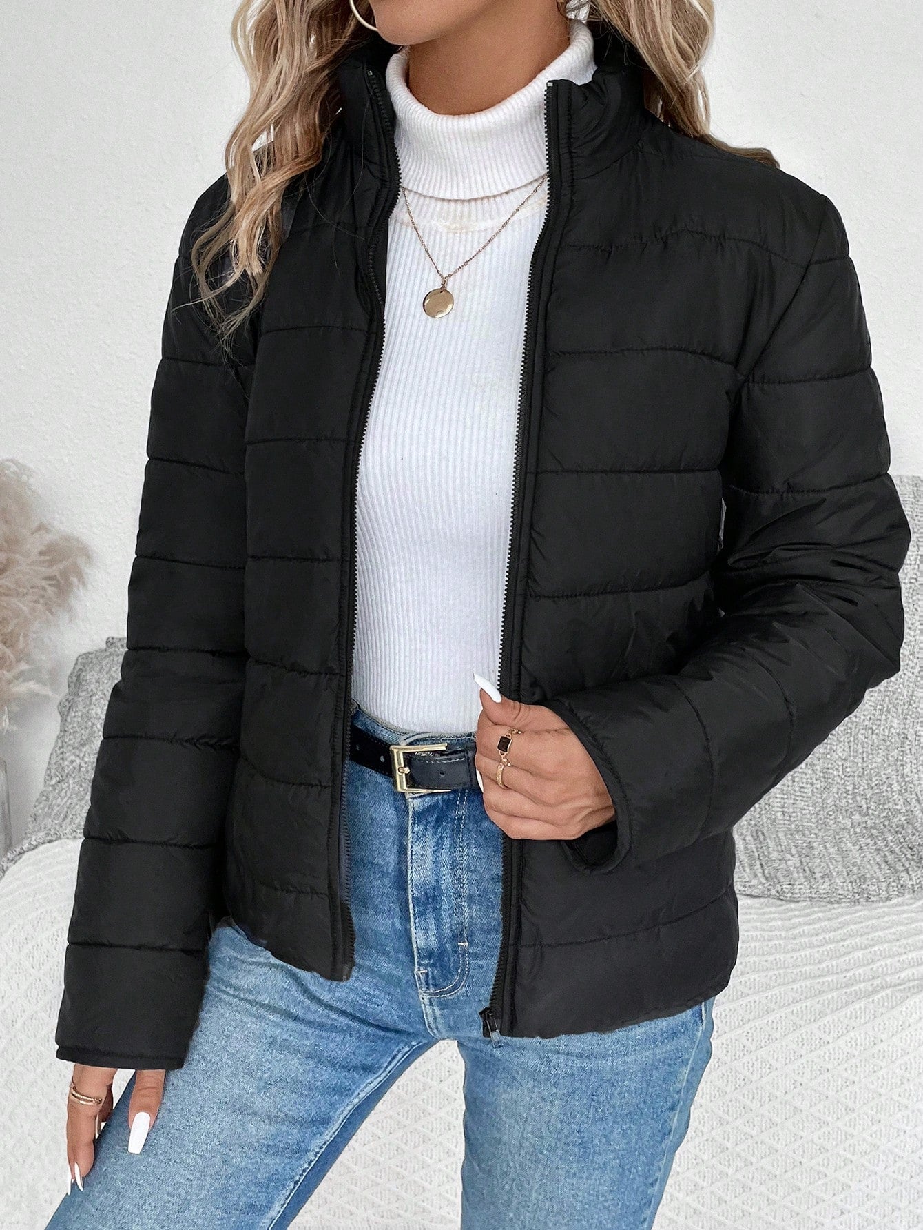 LUNE Stand Collar Plain Casual Puffer Jacket, Autumn/Winter Clothes