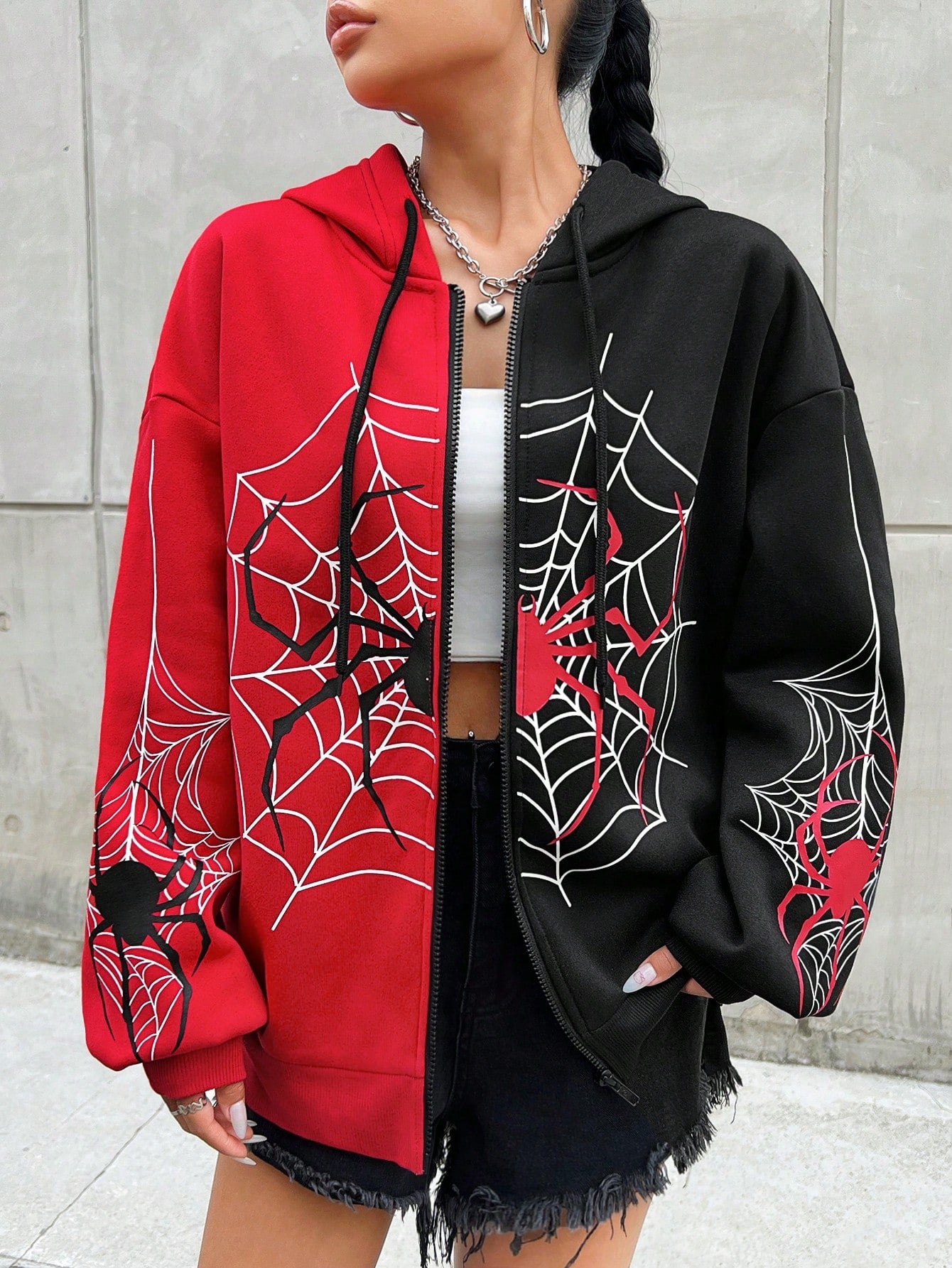 Coolane Fashionable Street Style Color Block Spider Print Hooded Zipper Long Sleeve Sweatshirt Jacket,Party /  New Year Eve / Streetwear