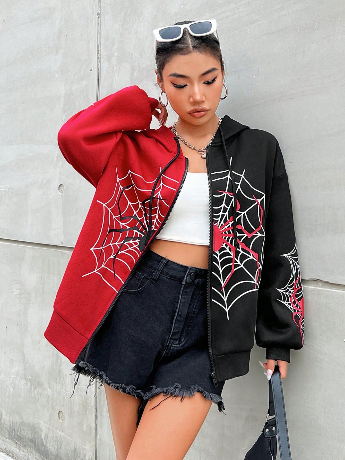 Coolane Fashionable Street Style Color Block Spider Print Hooded Zipper Long Sleeve Sweatshirt Jacket,Party /  New Year Eve / Streetwear