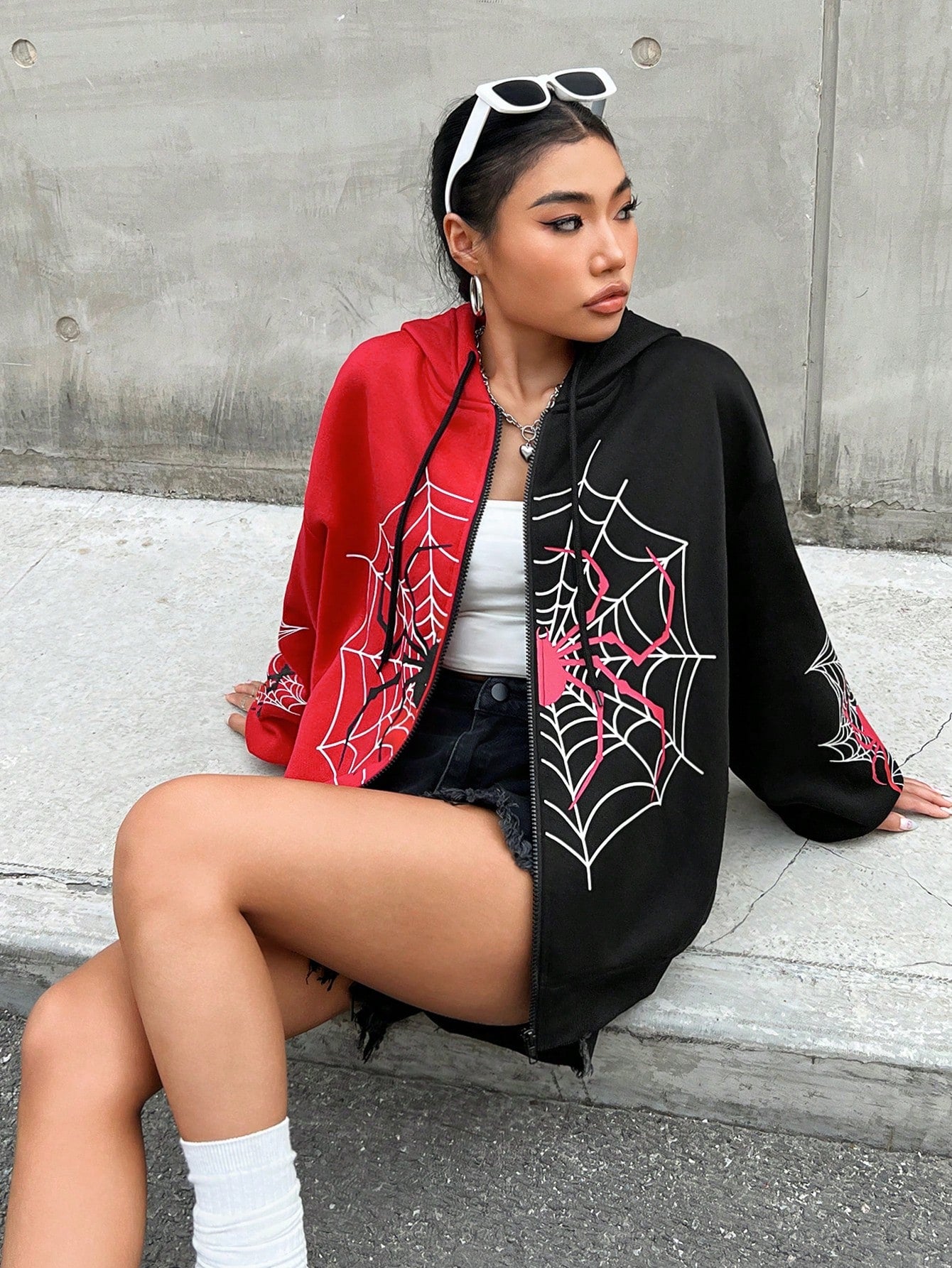 Coolane Fashionable Street Style Color Block Spider Print Hooded Zipper Long Sleeve Sweatshirt Jacket,Party /  New Year Eve / Streetwear