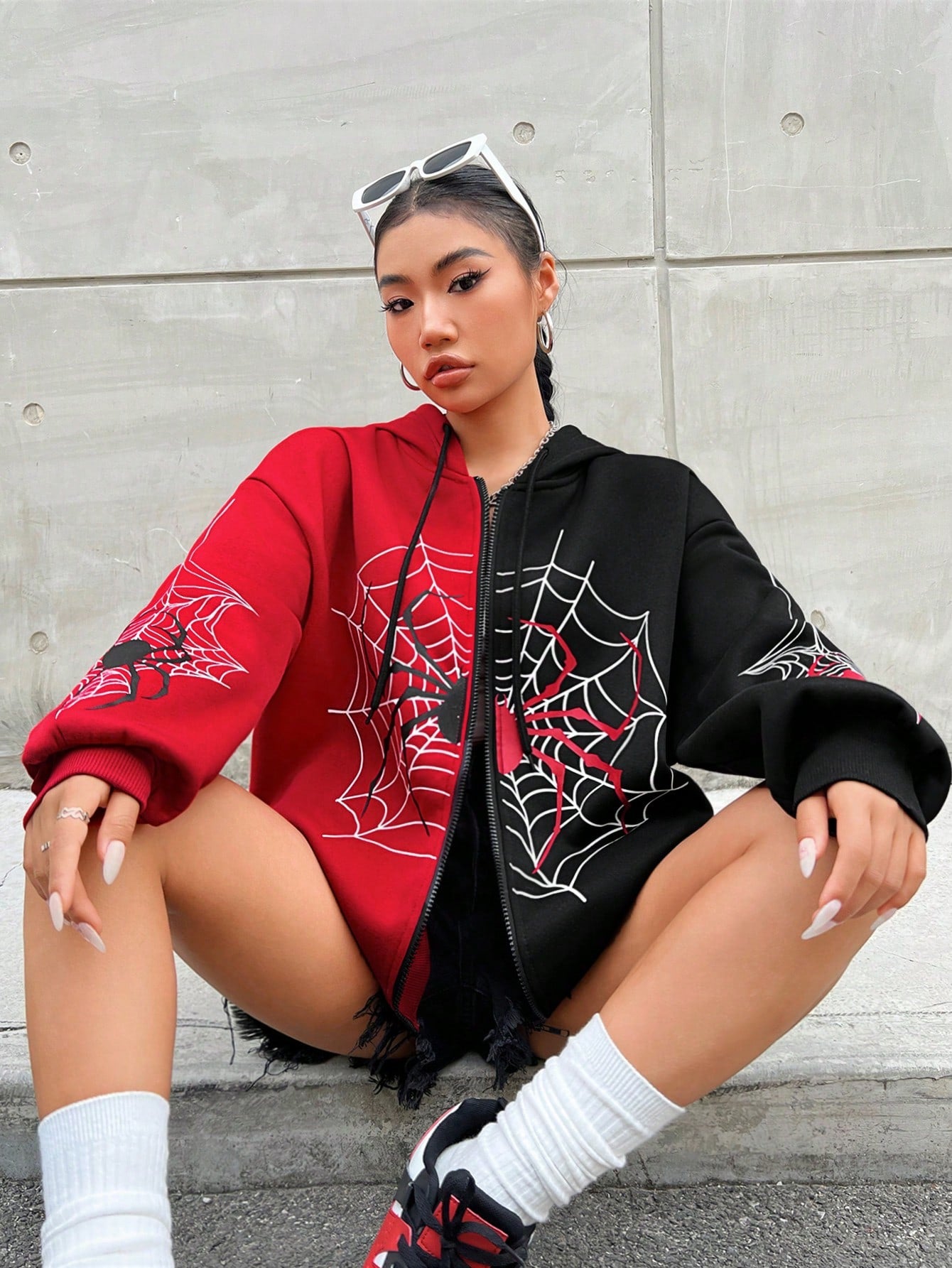 Coolane Fashionable Street Style Color Block Spider Print Hooded Zipper Long Sleeve Sweatshirt Jacket,Party /  New Year Eve / Streetwear