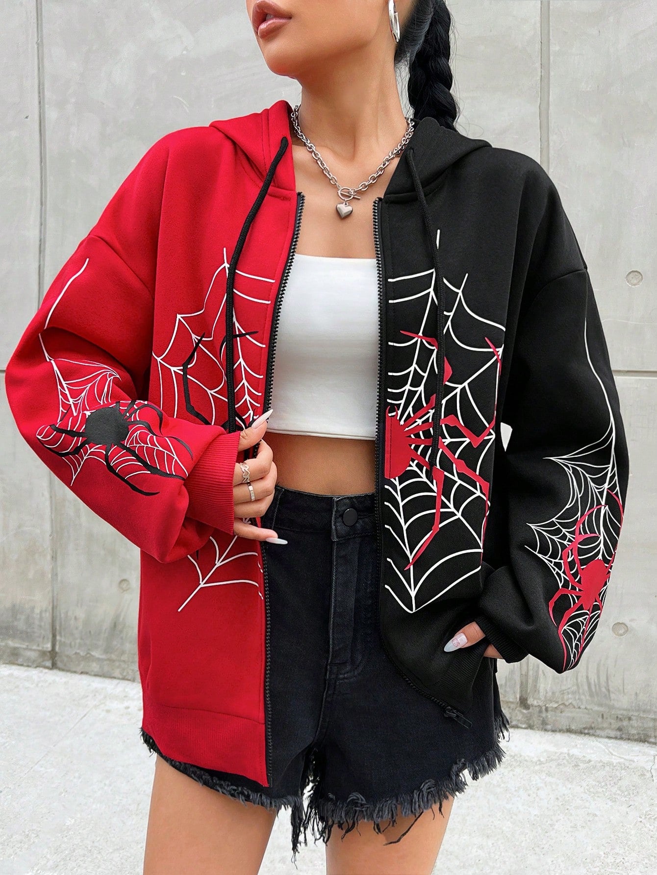 Coolane Fashionable Street Style Color Block Spider Print Hooded Zipper Long Sleeve Sweatshirt Jacket,Party /  New Year Eve / Streetwear