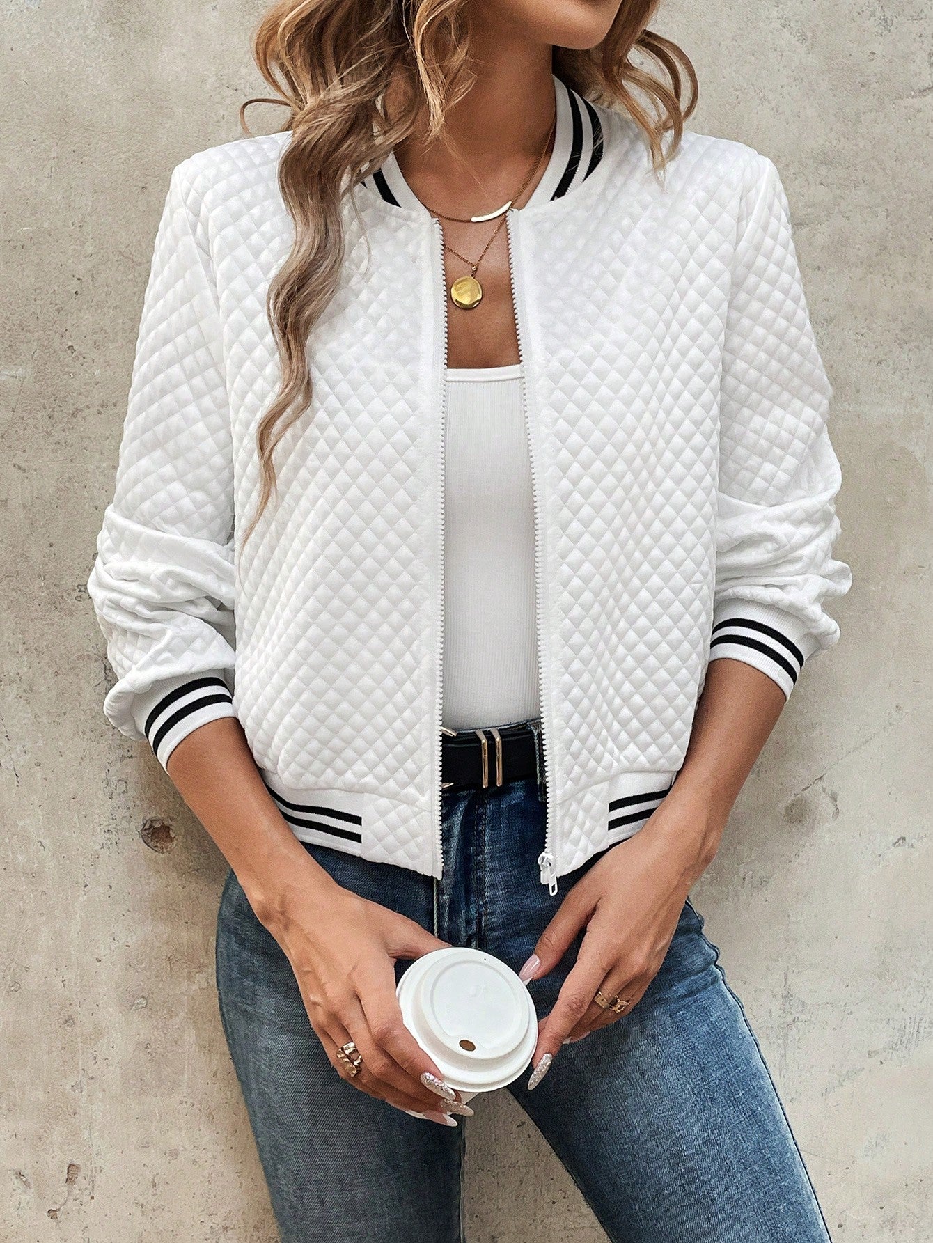 LUNE Striped Trim Zip Up Bomber Jacket