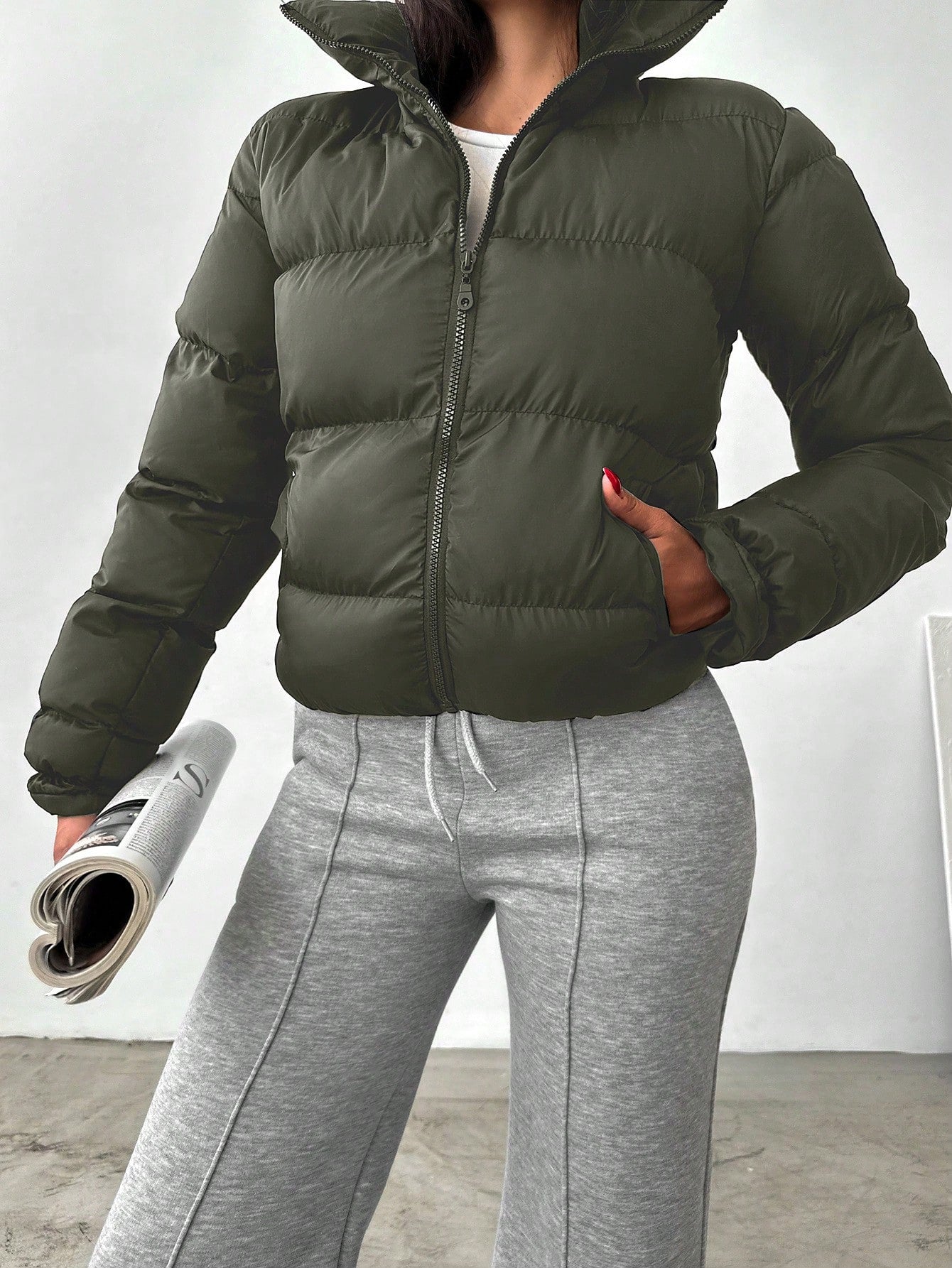 Solid Color Short Padded Jacket For Women