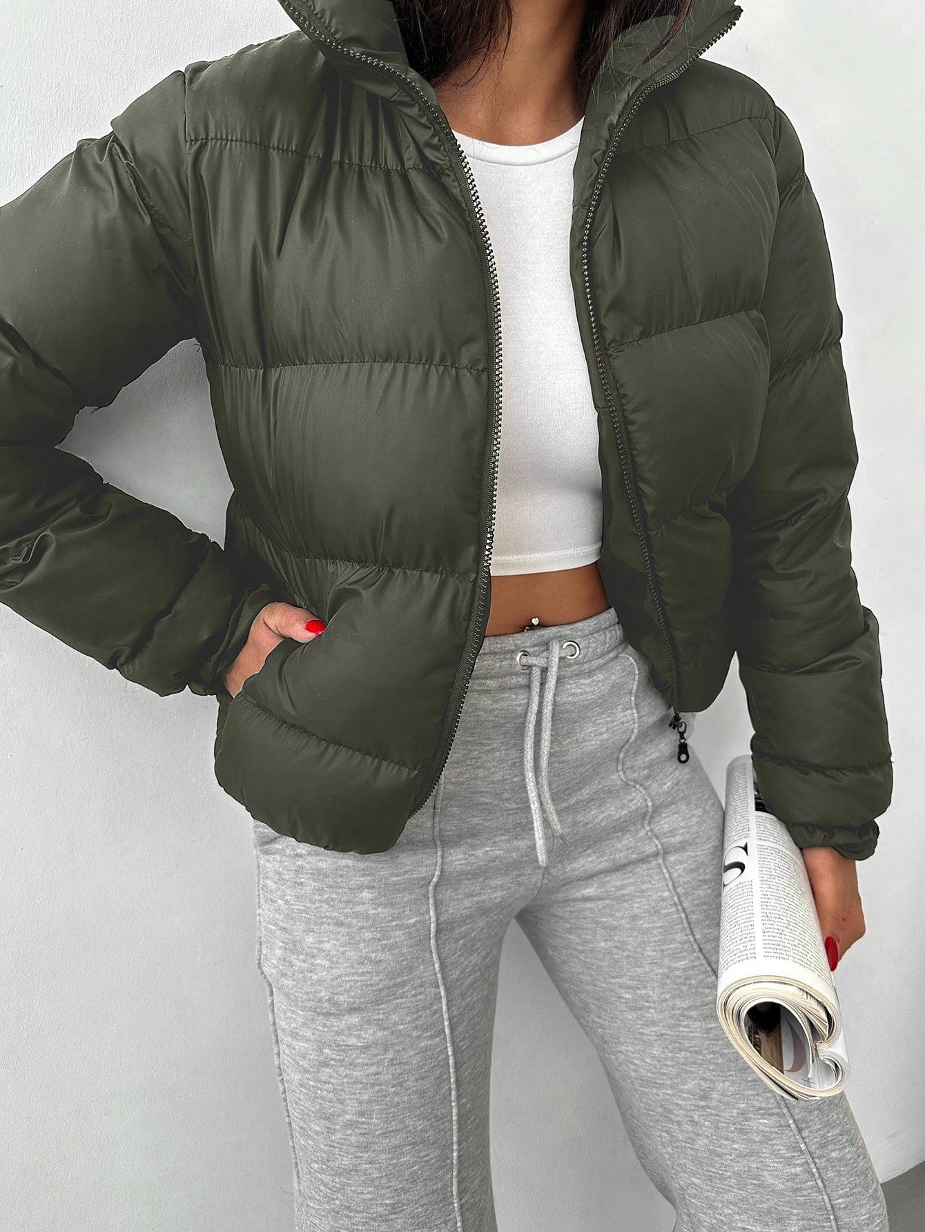 Solid Color Short Padded Jacket For Women