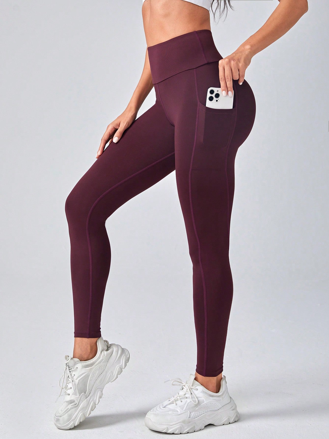 Plain High Waist Minimalist Pocket Sports Leggings, Casual Daily Wear