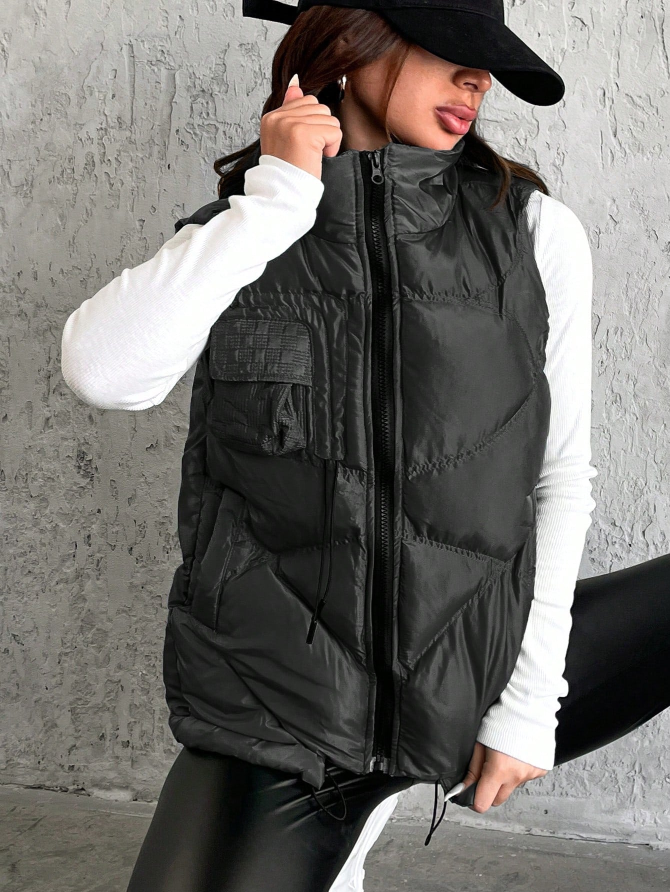 Flap Pocket Drawstring Hem Puffer Vest Coat