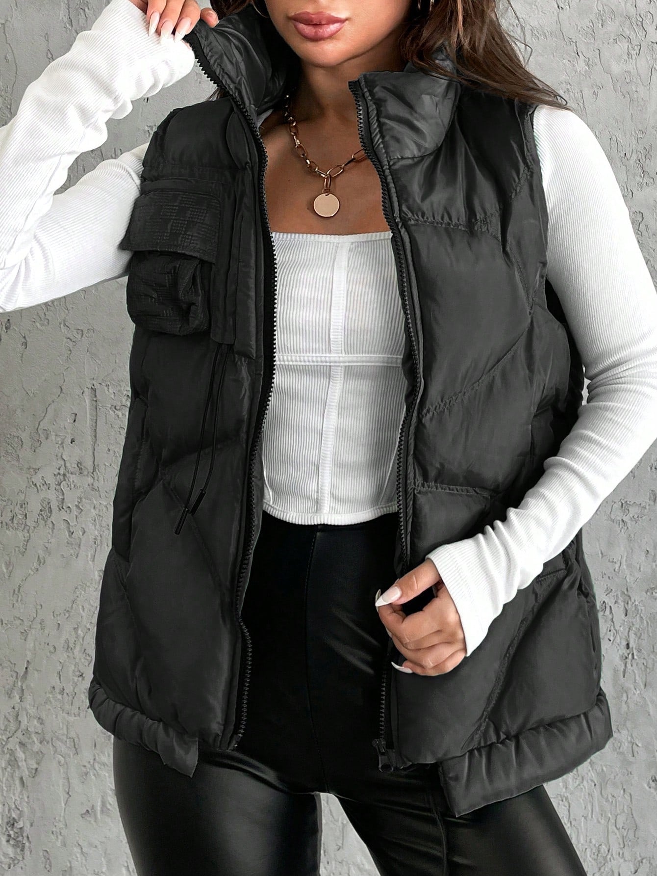 Flap Pocket Drawstring Hem Puffer Vest Coat