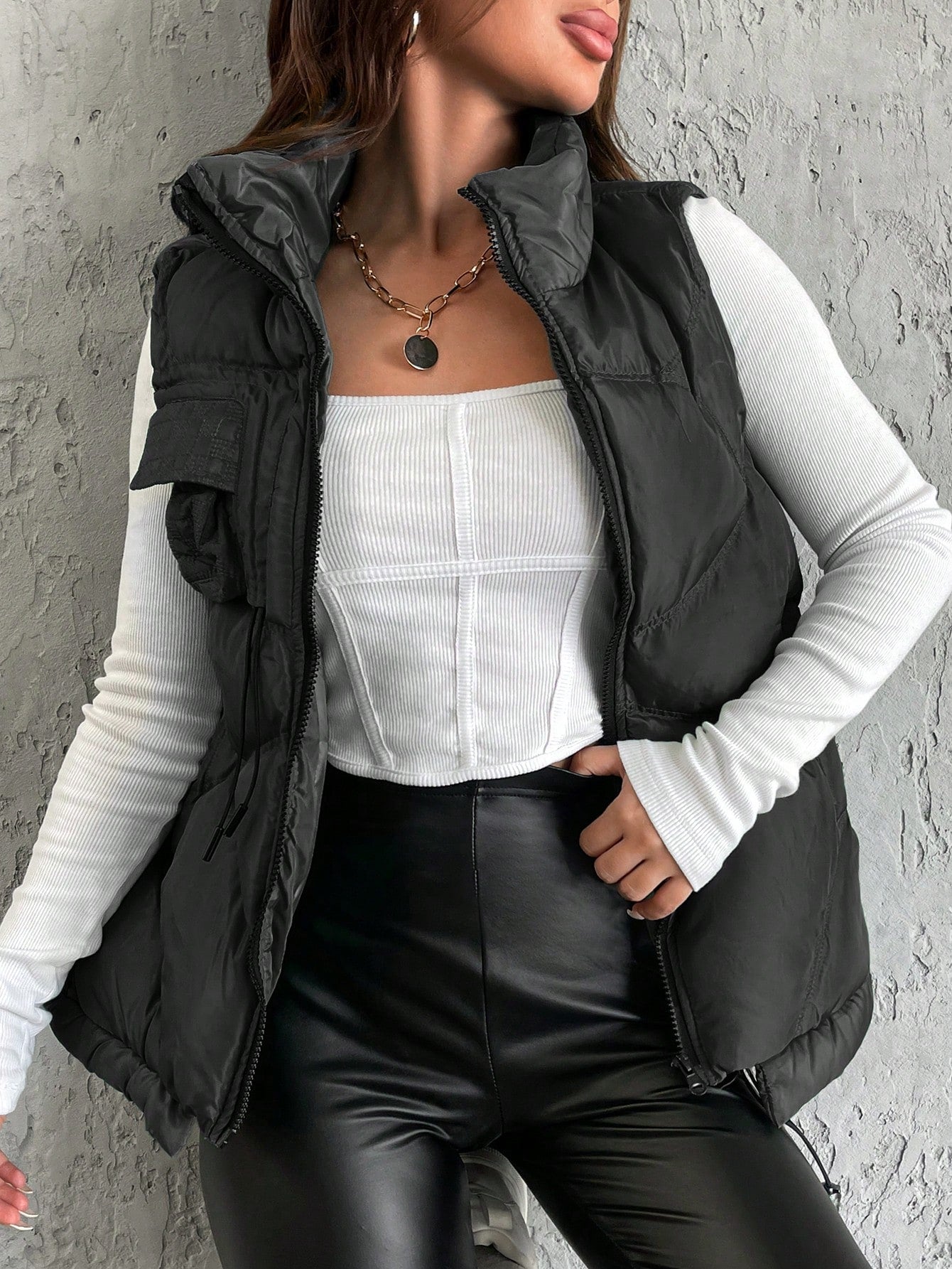 Flap Pocket Drawstring Hem Puffer Vest Coat