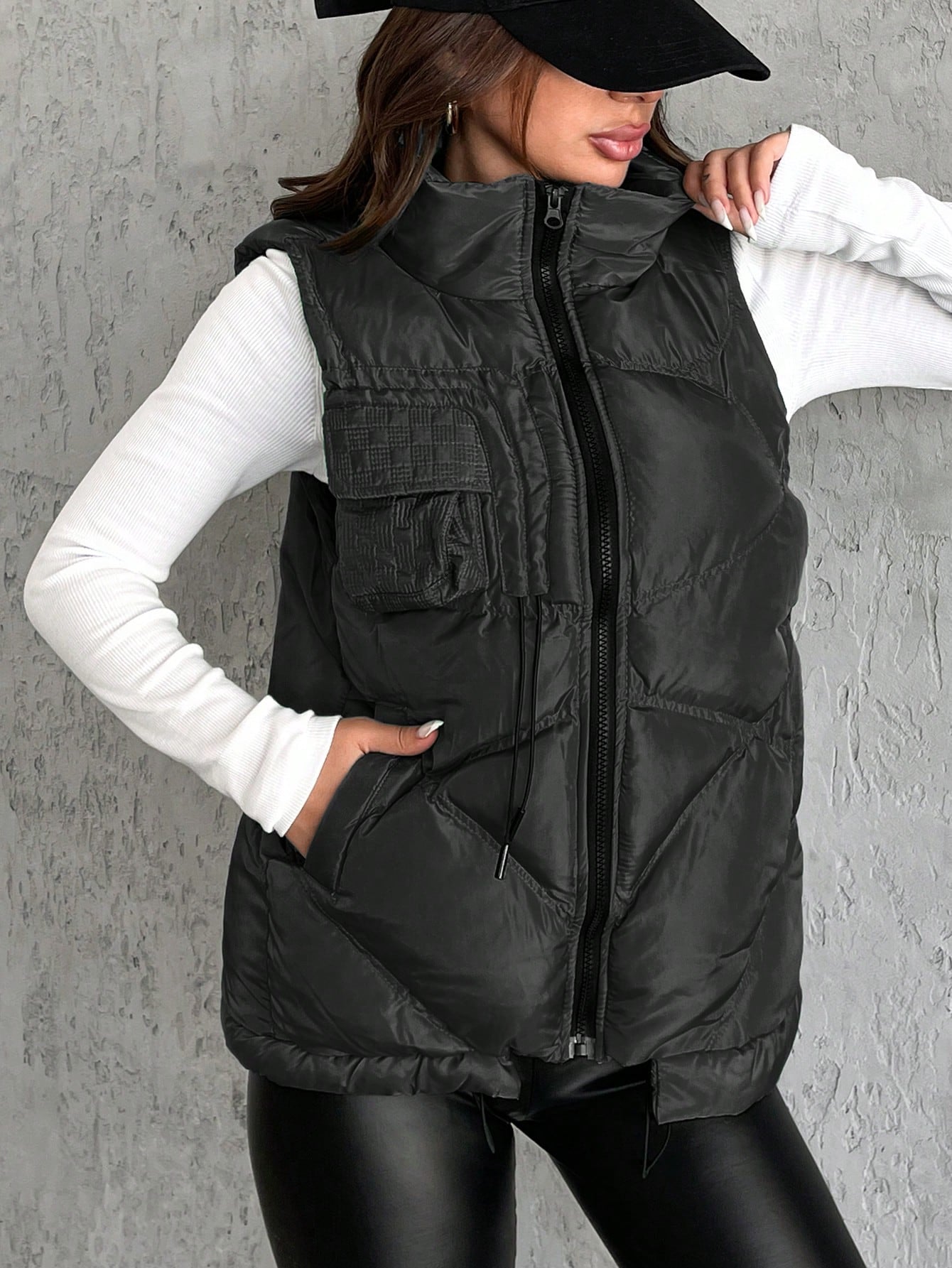 Flap Pocket Drawstring Hem Puffer Vest Coat