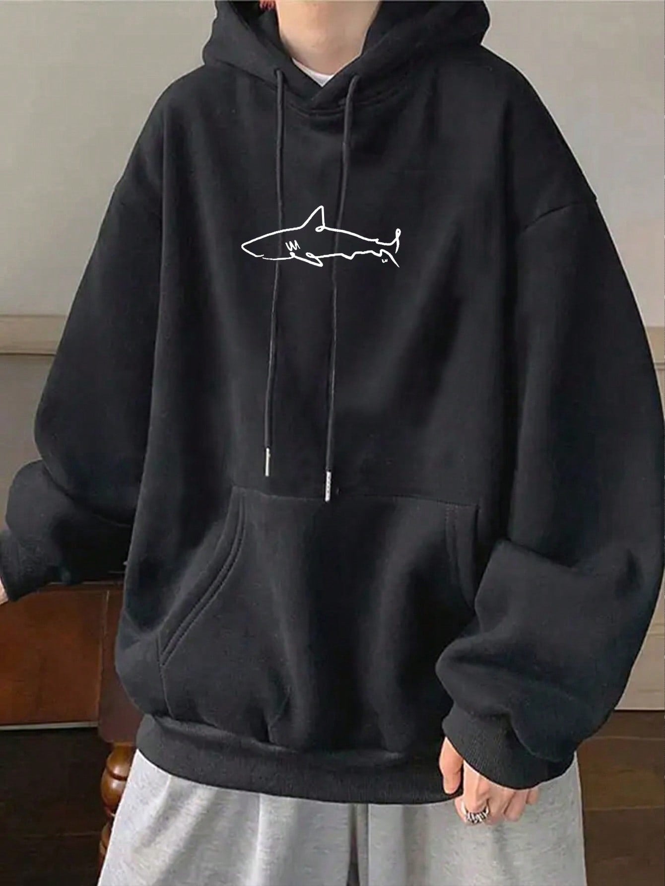 Men Shark Print Kangaroo Pocket Drawstring Hoodie