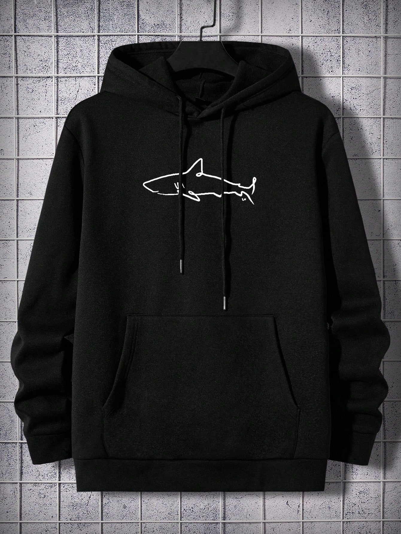 Men Shark Print Kangaroo Pocket Drawstring Hoodie