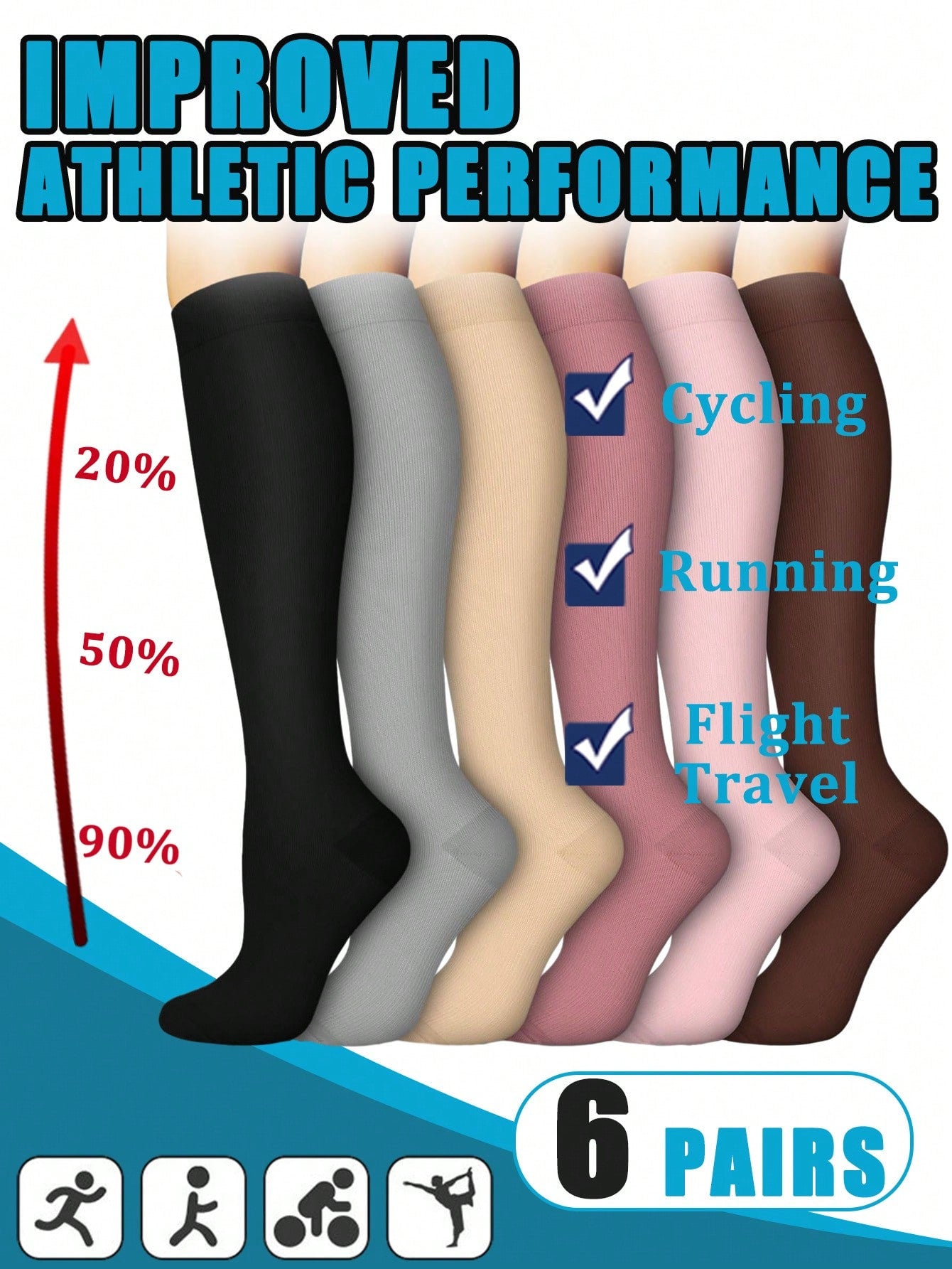 6 Pairs Copper Compression Socks Football Socks Men 15-20 Mmhg Knee High Cute Sports Gold Fit Cycling Adult Support Hose Circulation Long Socks, For Gym