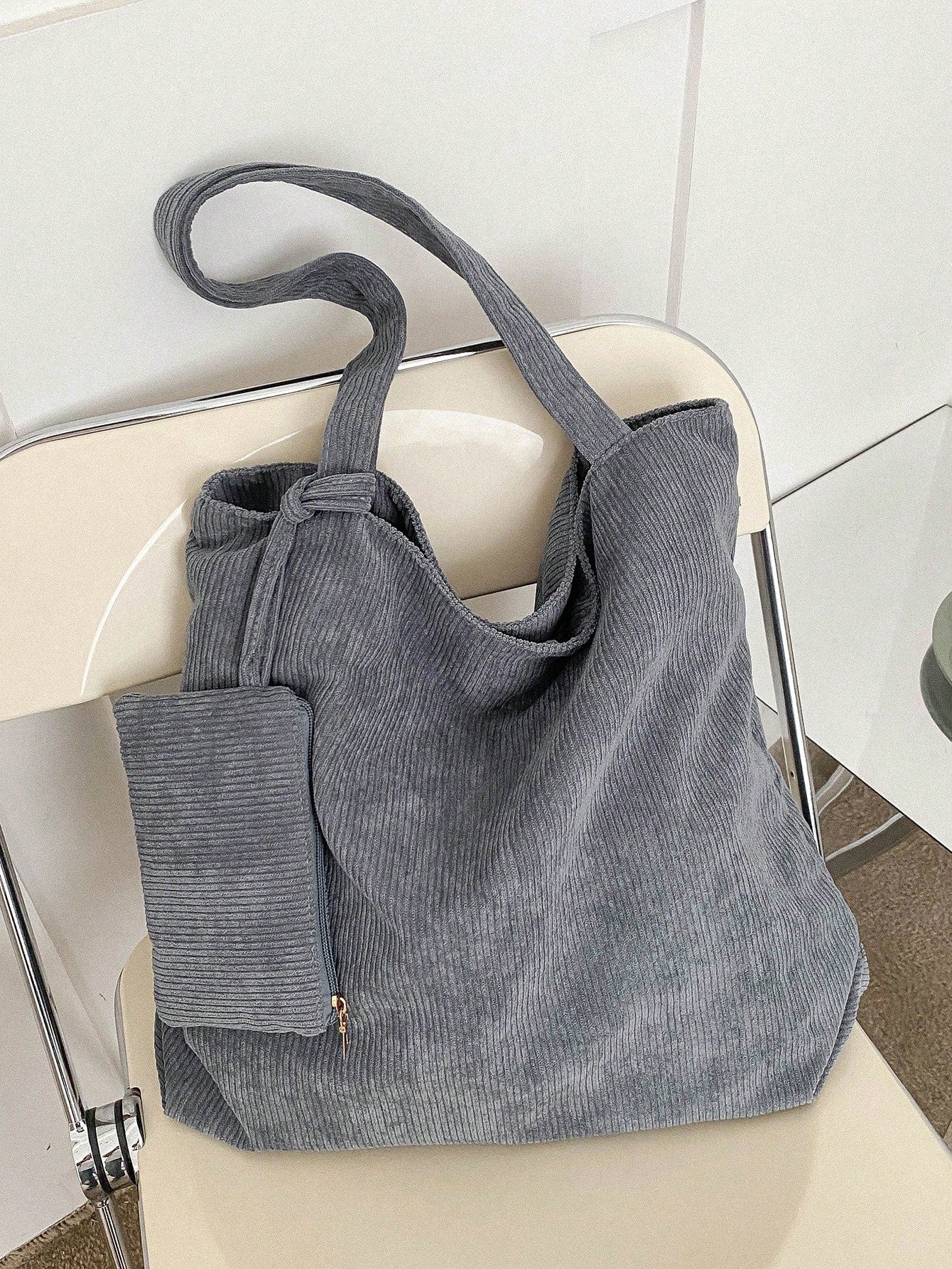 Corduroy Zipper Tote Bag, Women's Fashion Large Capacity Shoulder Bag, Casual Shopping Bag