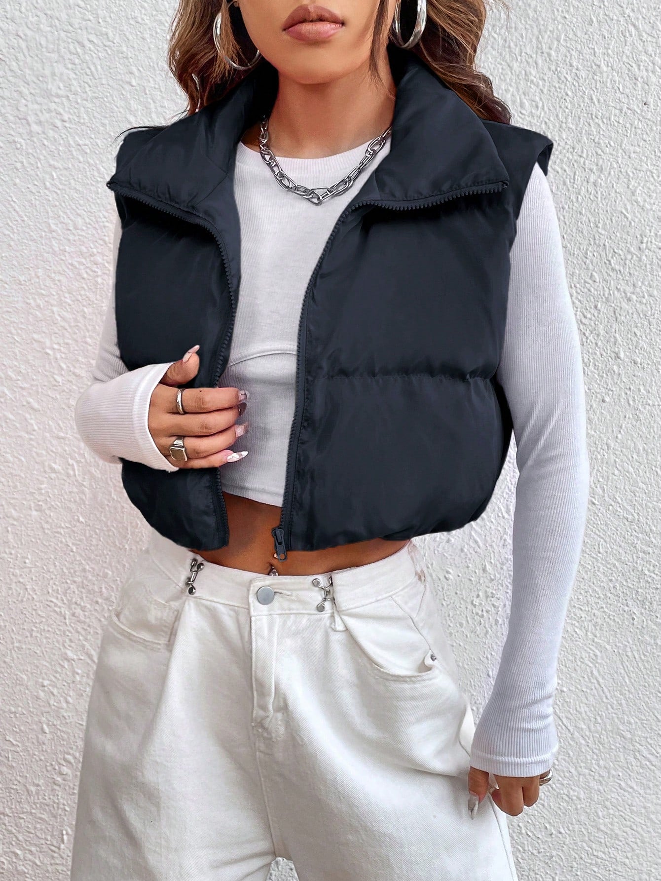 EZwear Zipper Front Casual Vest Khaki Winter Coat