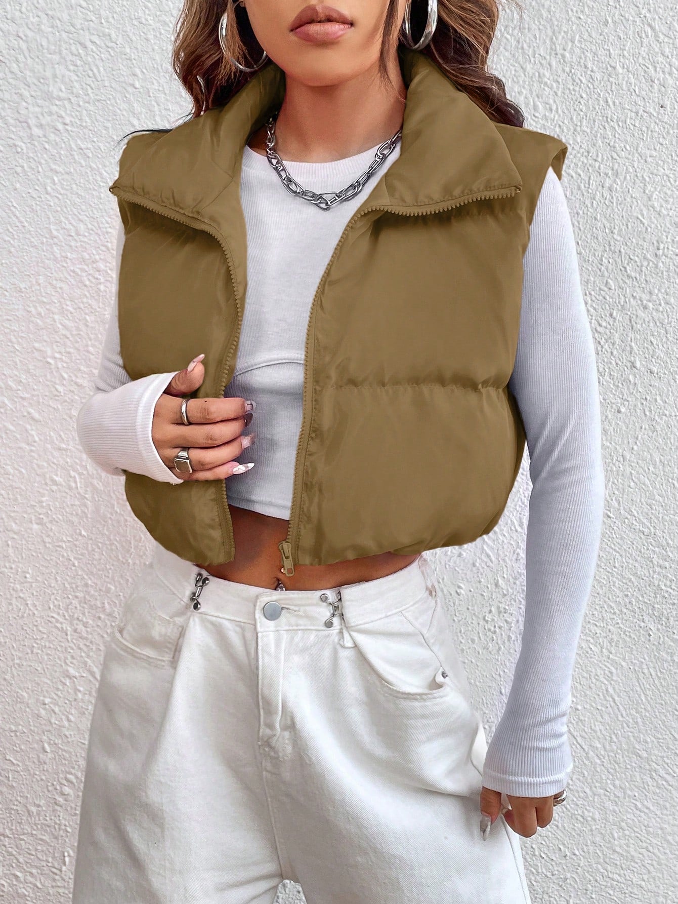 EZwear Zipper Front Casual Vest Khaki Winter Coat