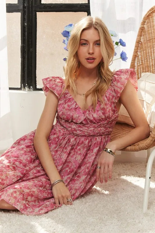 ADORA Watercolor Flower Shirred Tiered Ruffled Dress