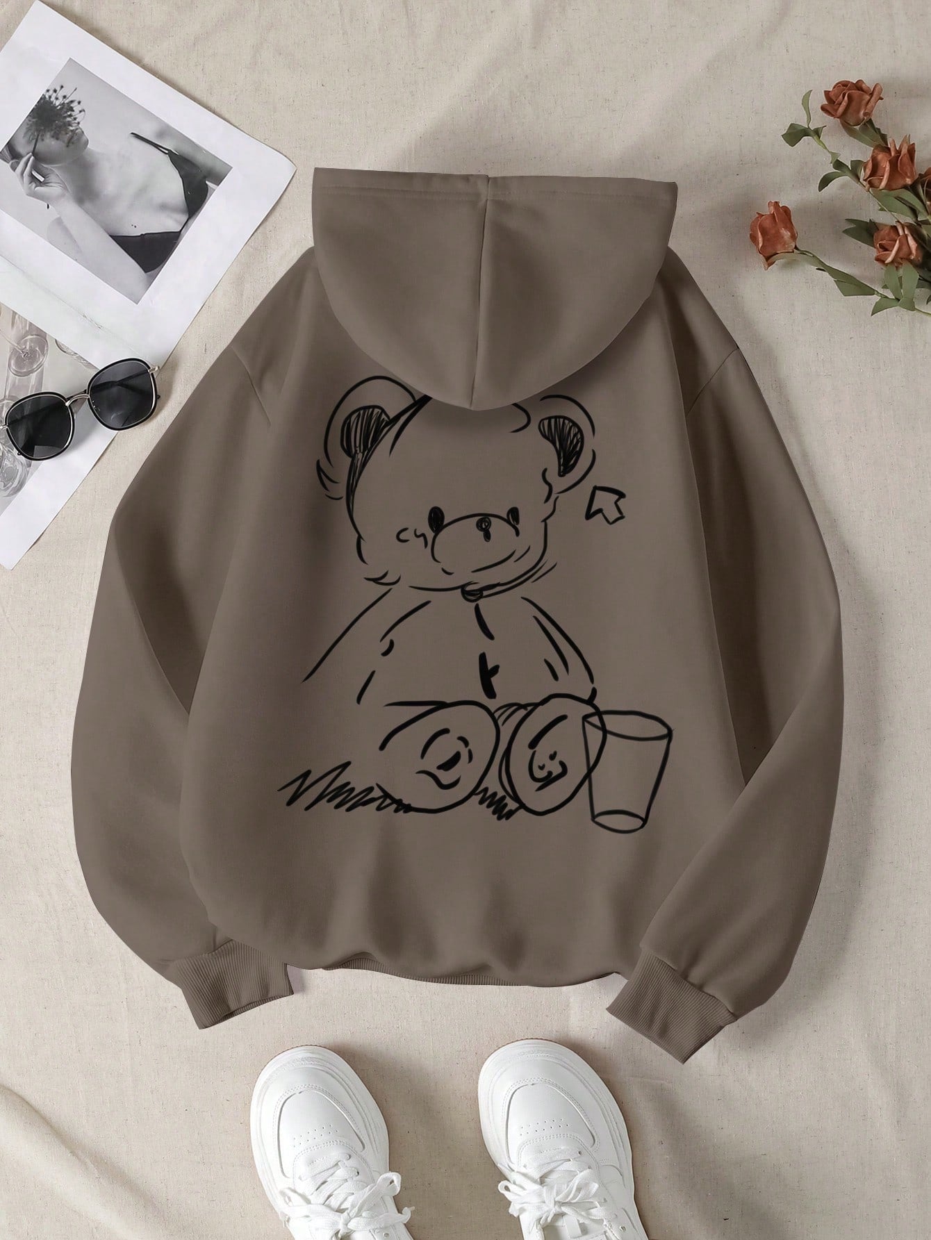 Women's Fashion Versatile Cartoon Bear Graphic Print Hoodie Sweatshirt, Long Sleeve For Autumn/Winter,Long Sleeve Tops