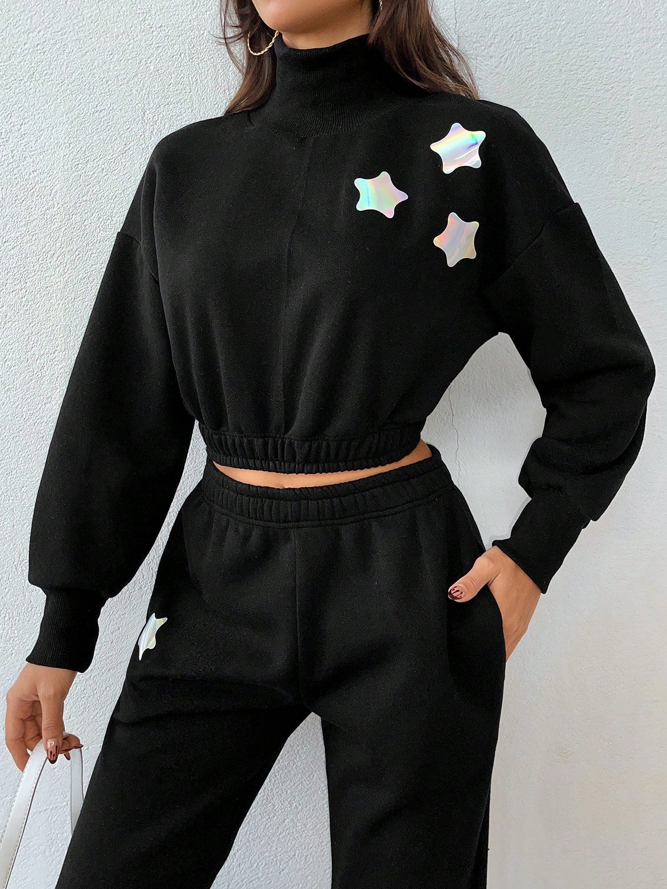 Ladies' Star Printed Stand Collar Sweatshirt And Sweatpants Set