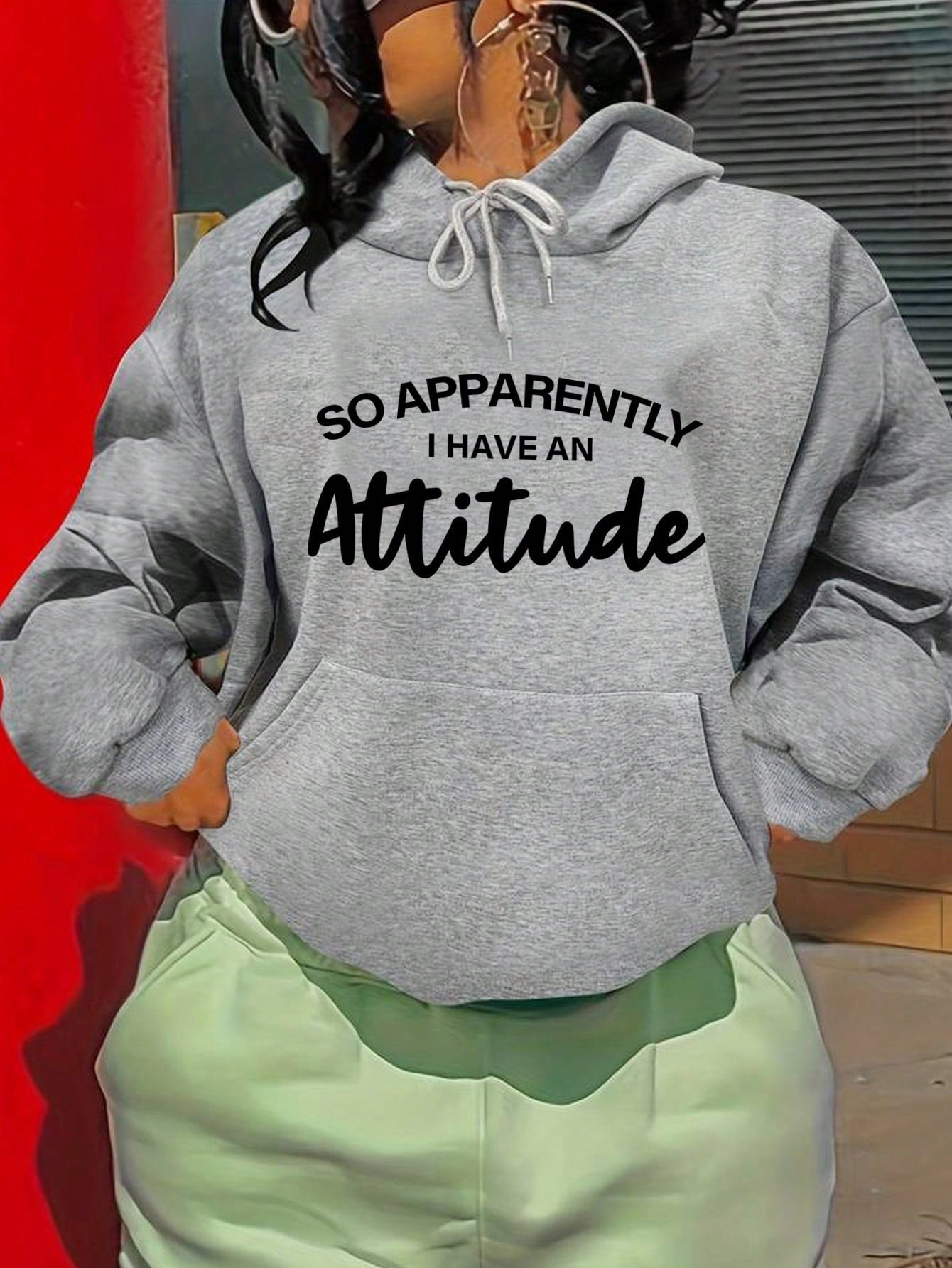 INAWLY Slogan Graphic Kangaroo Pocket Drop Shoulder Drawstring Hoodie SO APPARENTLY I HAVE AN Attitude,Ladies Spring/Fall Casual Drawstring,Pocket Long Sleeve Hooded Loose Regular Light Grey Drop Shoulder Pullovers Women Hoodies,Long Sleeve Tops