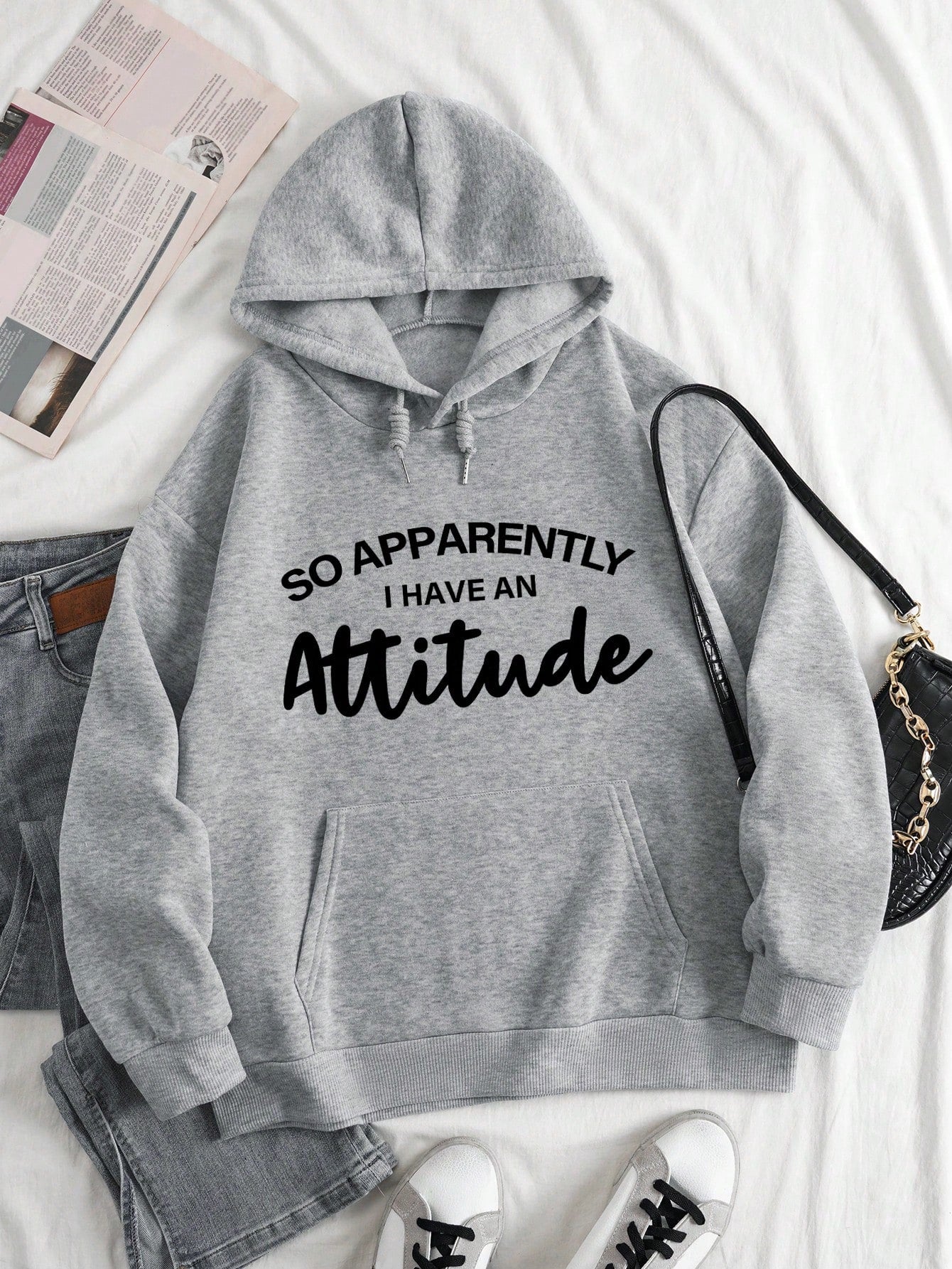 INAWLY Slogan Graphic Kangaroo Pocket Drop Shoulder Drawstring Hoodie SO APPARENTLY I HAVE AN Attitude,Ladies Spring/Fall Casual Drawstring,Pocket Long Sleeve Hooded Loose Regular Light Grey Drop Shoulder Pullovers Women Hoodies,Long Sleeve Tops