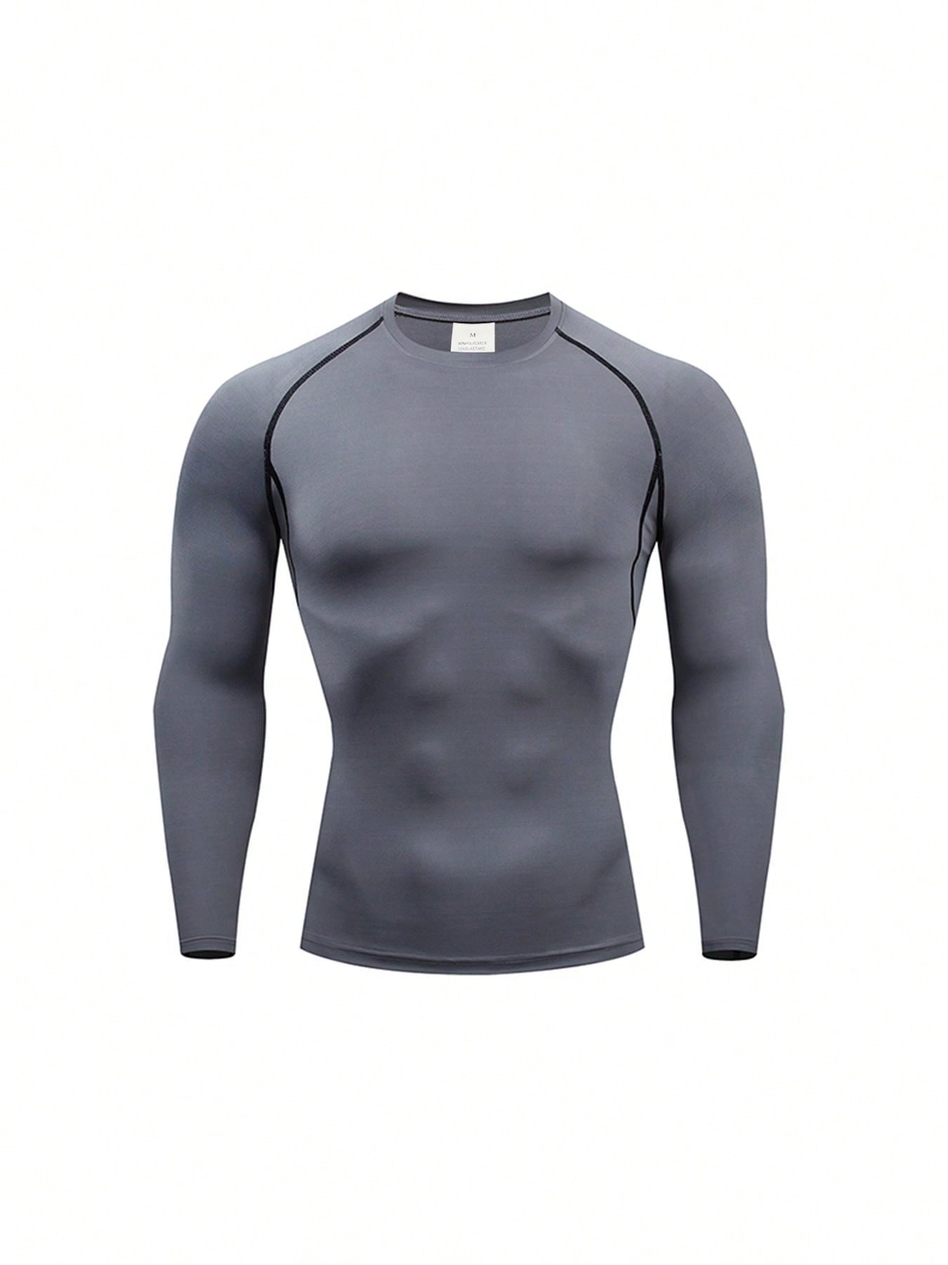 Boyfriend Style Men's Sports Fitness Tight-Fitting Base Layer Workout Long Sleeve Shirt, Athletic Training Long Sleeve Top Gym Clothes Boyfriend Style Men Basic T-Shirt