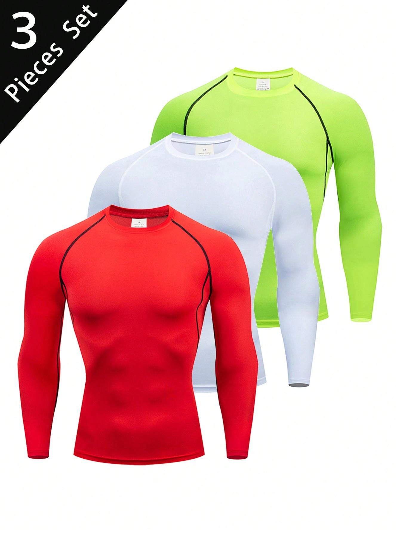 3pcs/Set Boyfriend Style Men's Spring/Autumn Fitness Compression Quick-Drying Breathable Long Sleeve Round Neck Sports T-Shirt Gym Clothes Boyfriend Style Men Basic T-Shirt