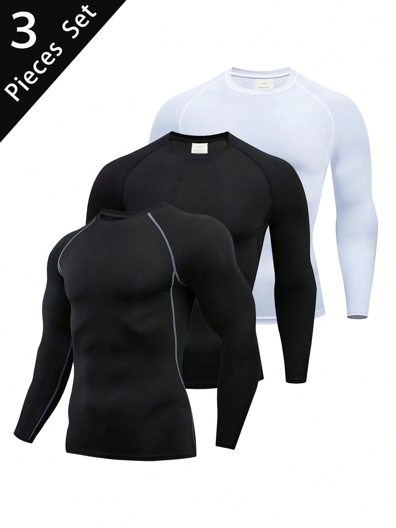 3pcs/Set Boyfriend Style Men's Spring/Autumn Fitness Compression Quick-Drying Breathable Long Sleeve Round Neck Sports T-Shirt Gym Clothes Boyfriend Style Men Basic T-Shirt