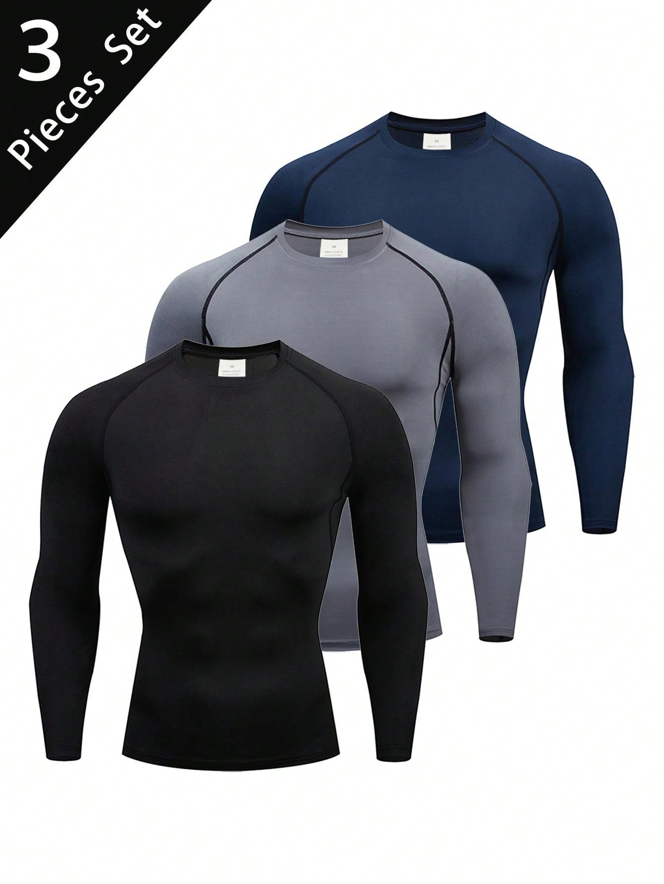 3pcs/Set Boyfriend Style Men's Spring/Autumn Fitness Compression Quick-Drying Breathable Long Sleeve Round Neck Sports T-Shirt Gym Clothes Boyfriend Style Men Basic T-Shirt