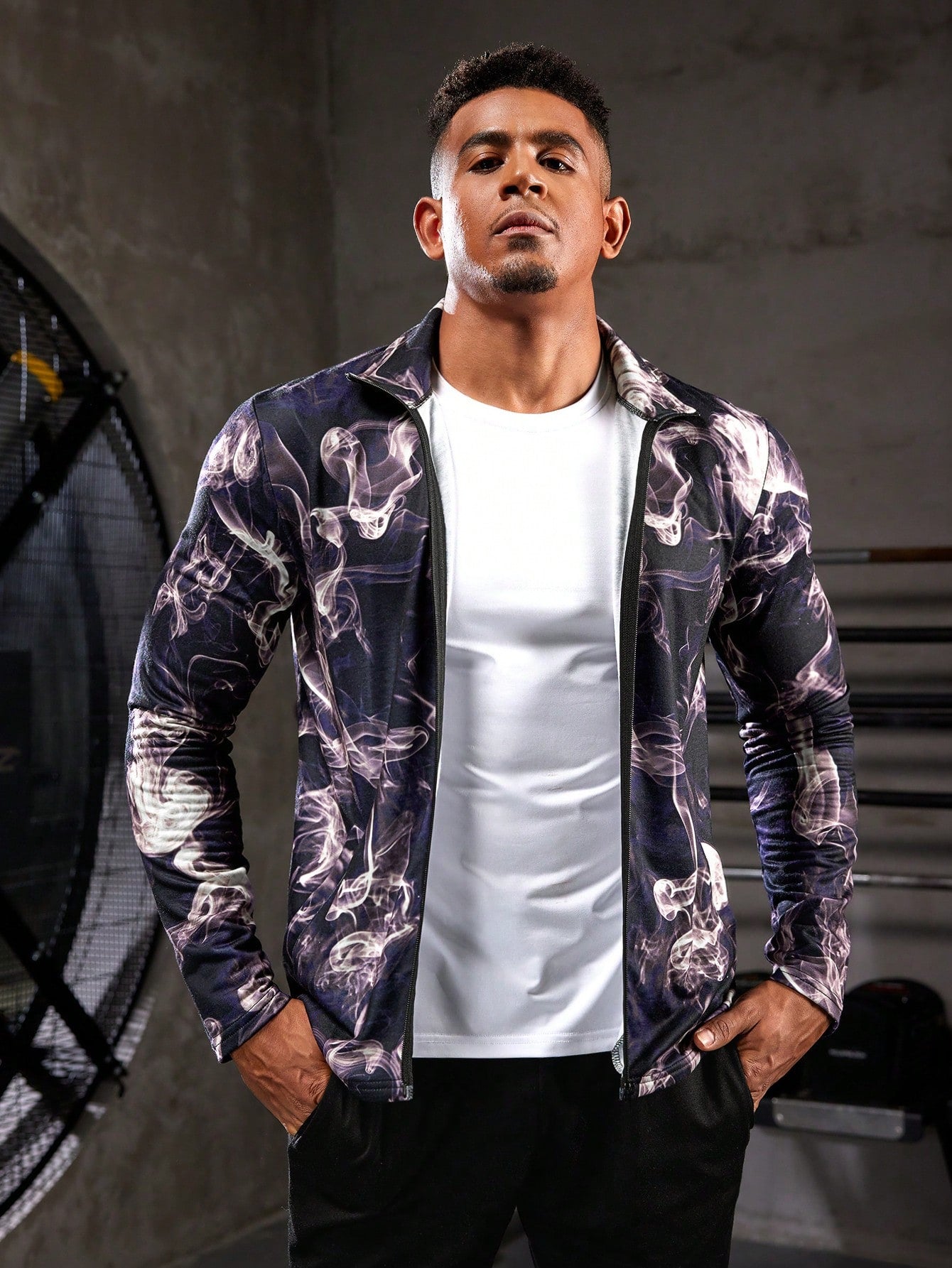 Manfinity Sport Corelite Boyfriend Style Men's Full Print Zip Front Sports Jacket Workout Tops