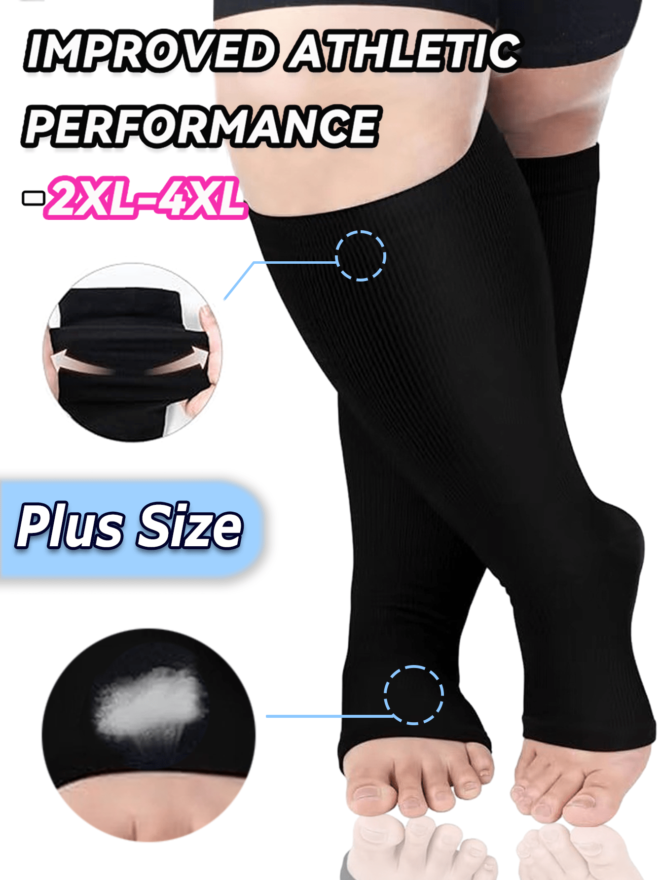 Plus Size Open Toe Copper Wellow Compression Socks Women Men Toeless Footless Wide Calf 15-25 Mmhg Knee High Pregnant Nurses Pregnancy Maternity Cute Sports Gold Fit Cycling Adult Support Hose Circulation Women
