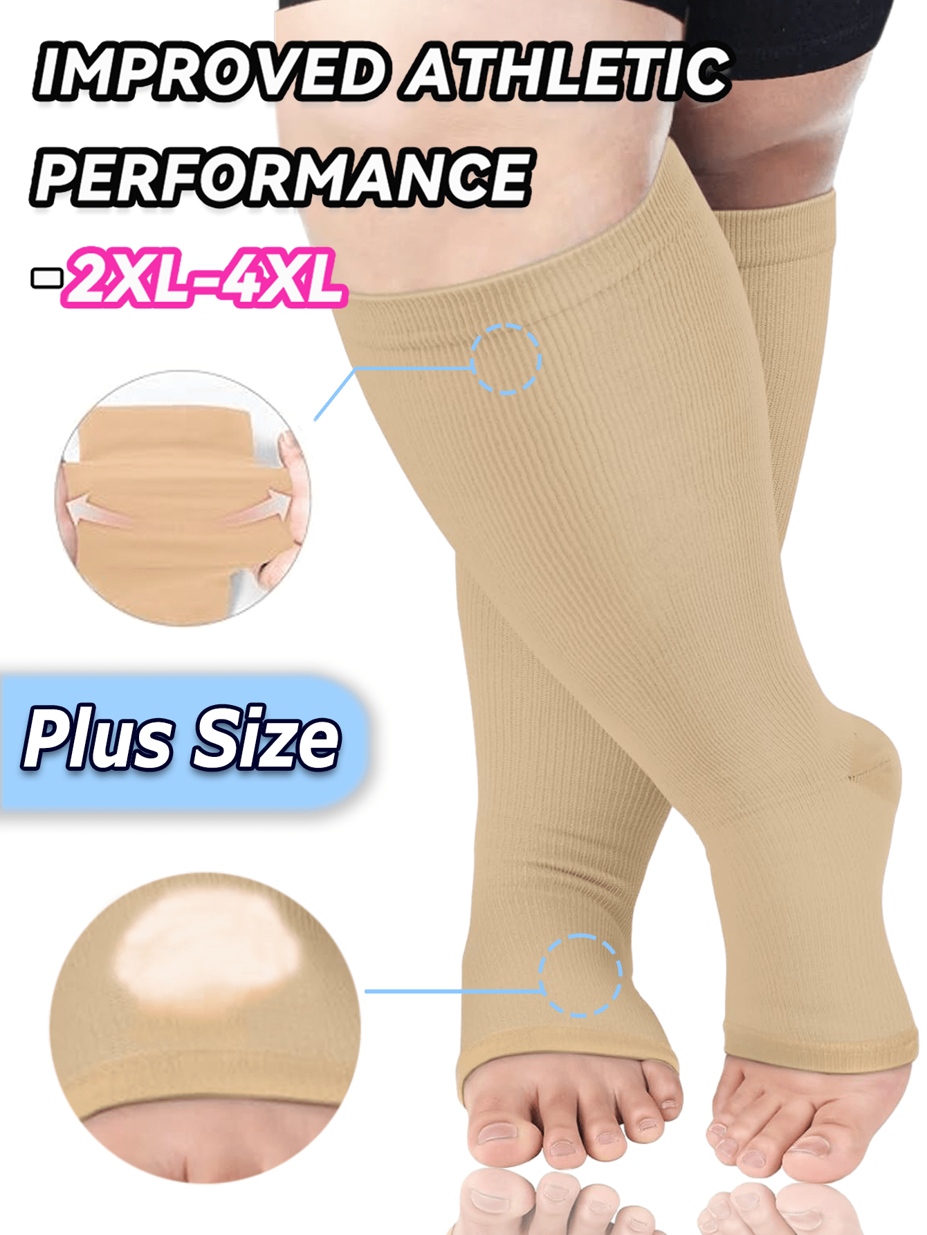 Plus Size Open Toe Copper Wellow Compression Socks Women Men Toeless Footless Wide Calf 15-25 Mmhg Knee High Pregnant Nurses Pregnancy Maternity Cute Sports Gold Fit Cycling Adult Support Hose Circulation Women