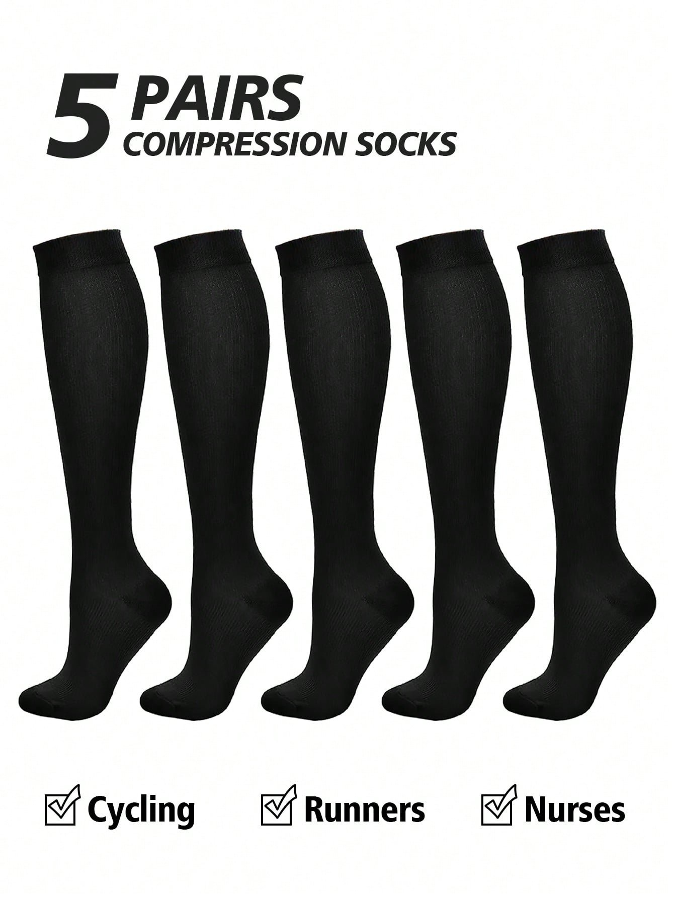 5pairs Women's Black Knee-High Compression Socks