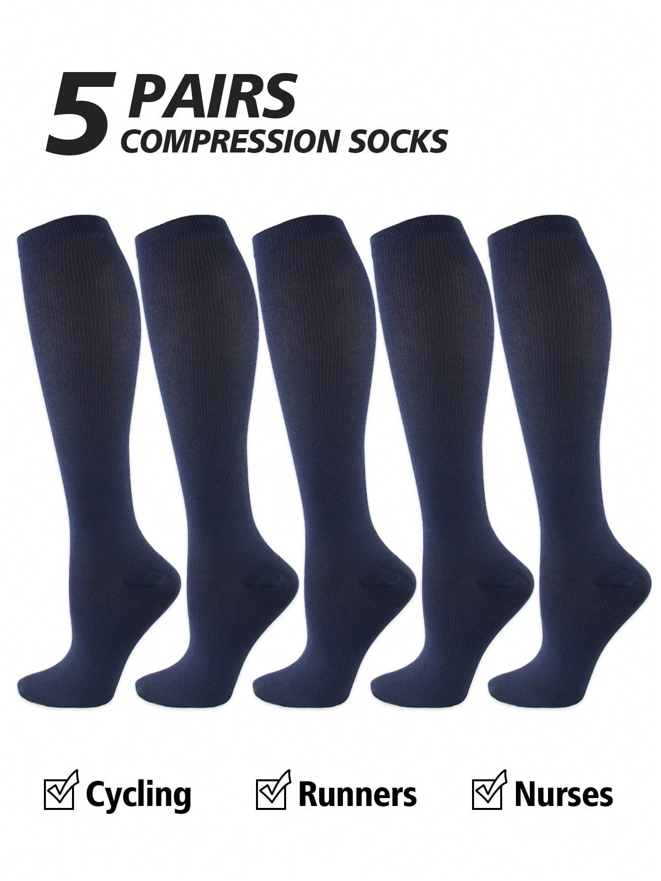 5pairs Women's Black Knee-High Compression Socks