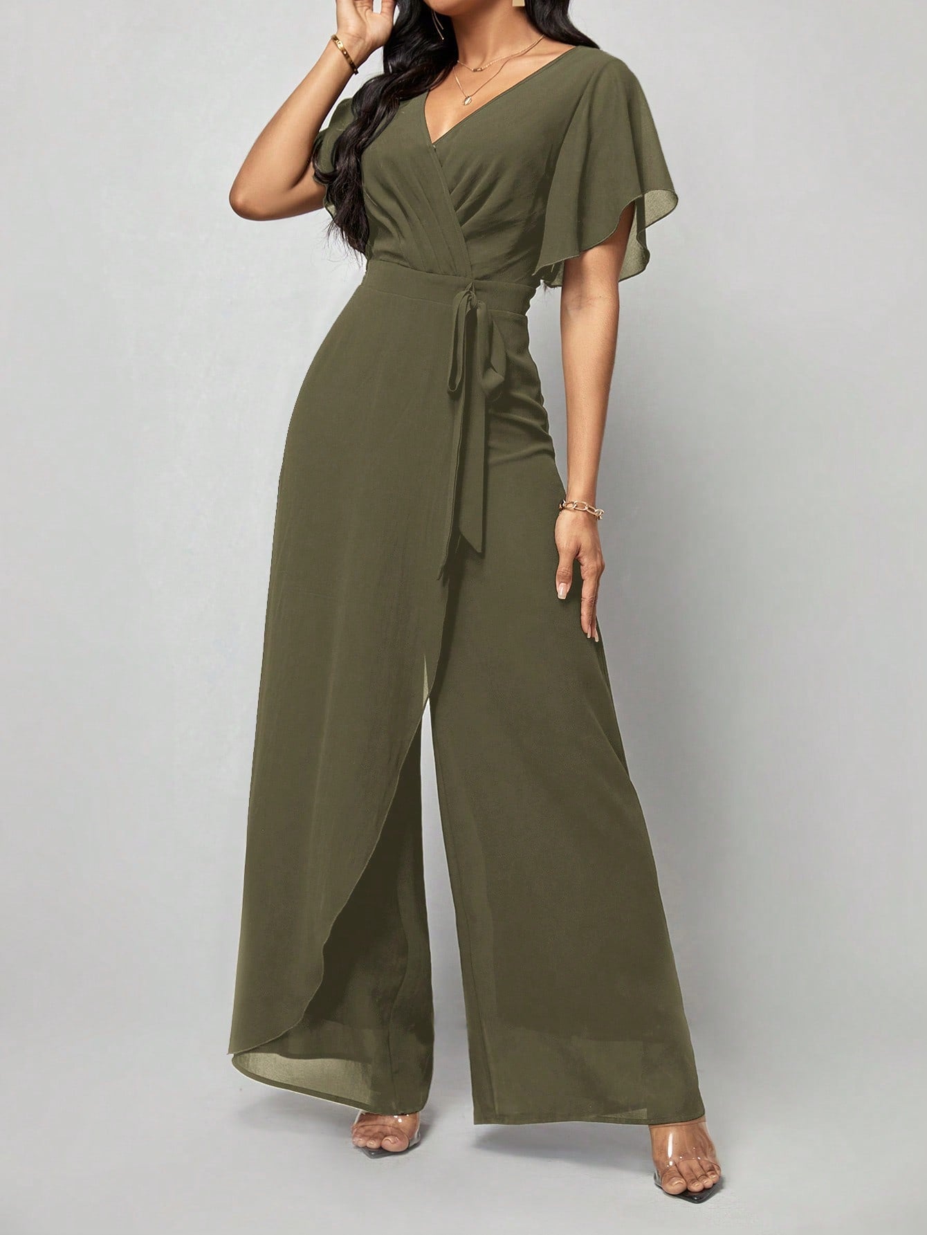 Amorya Saint Patrick Day Butterfly Sleeve Wrap Belted Wide Leg Jumpsuit