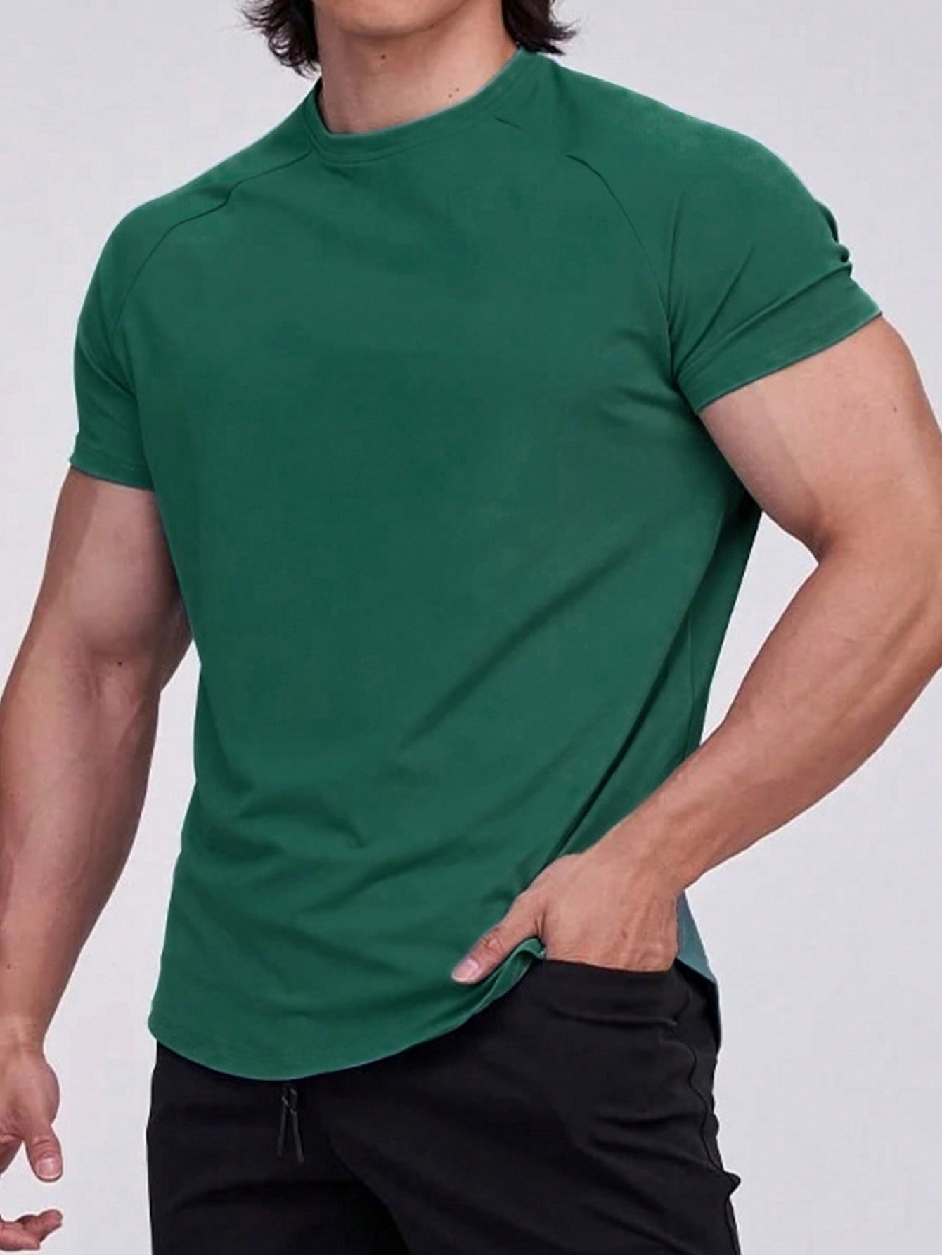 Manfinity Sport PWRUP Boyfriend Style Men Solid Raglan Sleeve Sports Tee Workout Tops Workout Tops Compression Shirt