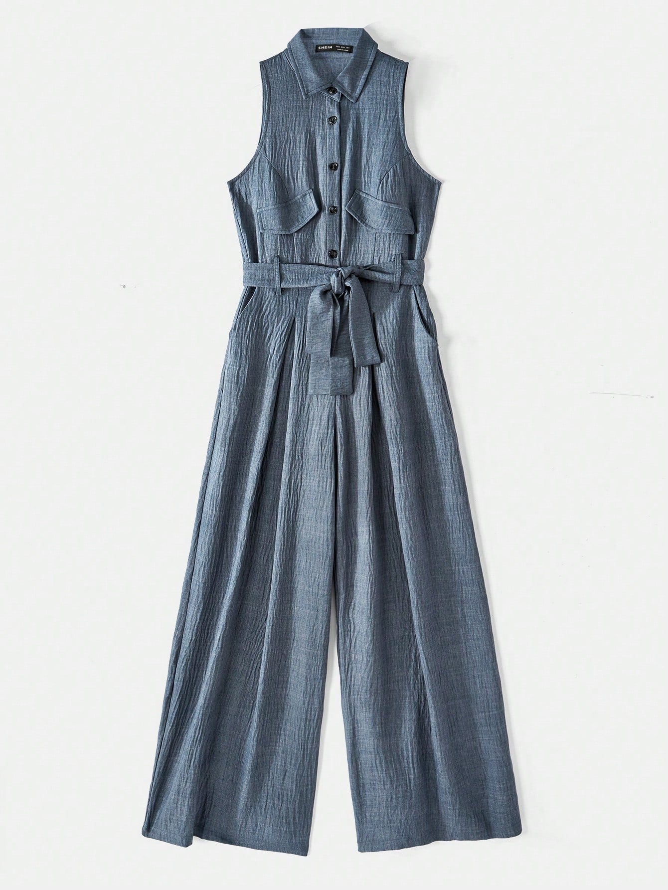 Ontre Women's 2025 New Hazy Blue Spring Valentine's Day Collar Wide Leg Sleeveless Shirt Collar Waist Tie Pockets Loose Casual Jumpsuit