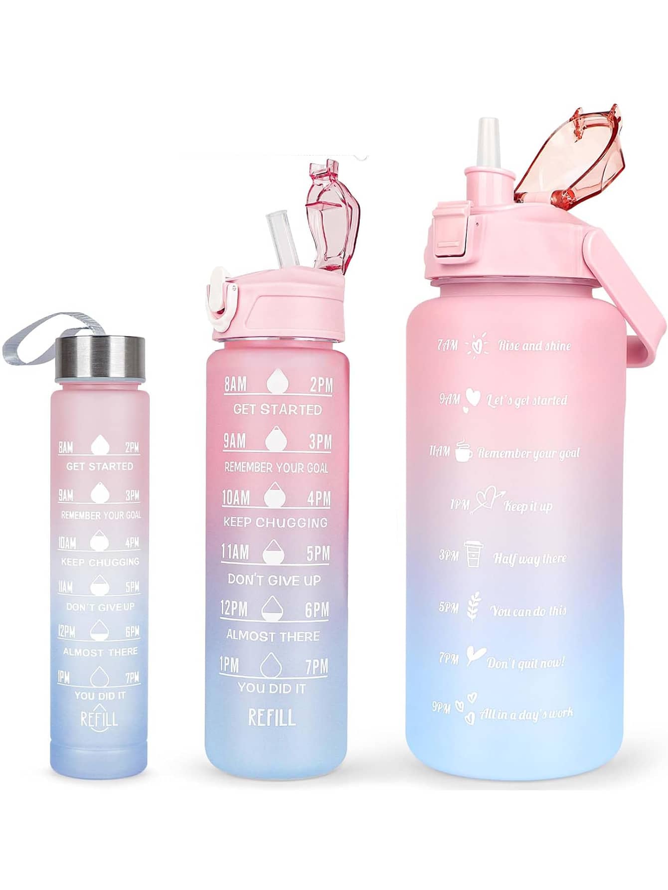 3PCS Three In One 2000ml, 750ml, And 300ml Gradient Water Bottles Set, Portable, Leak Proof, Sports Water Bottle With Time Marker, For Outdoor Travel Camping Or Sports And Fitness