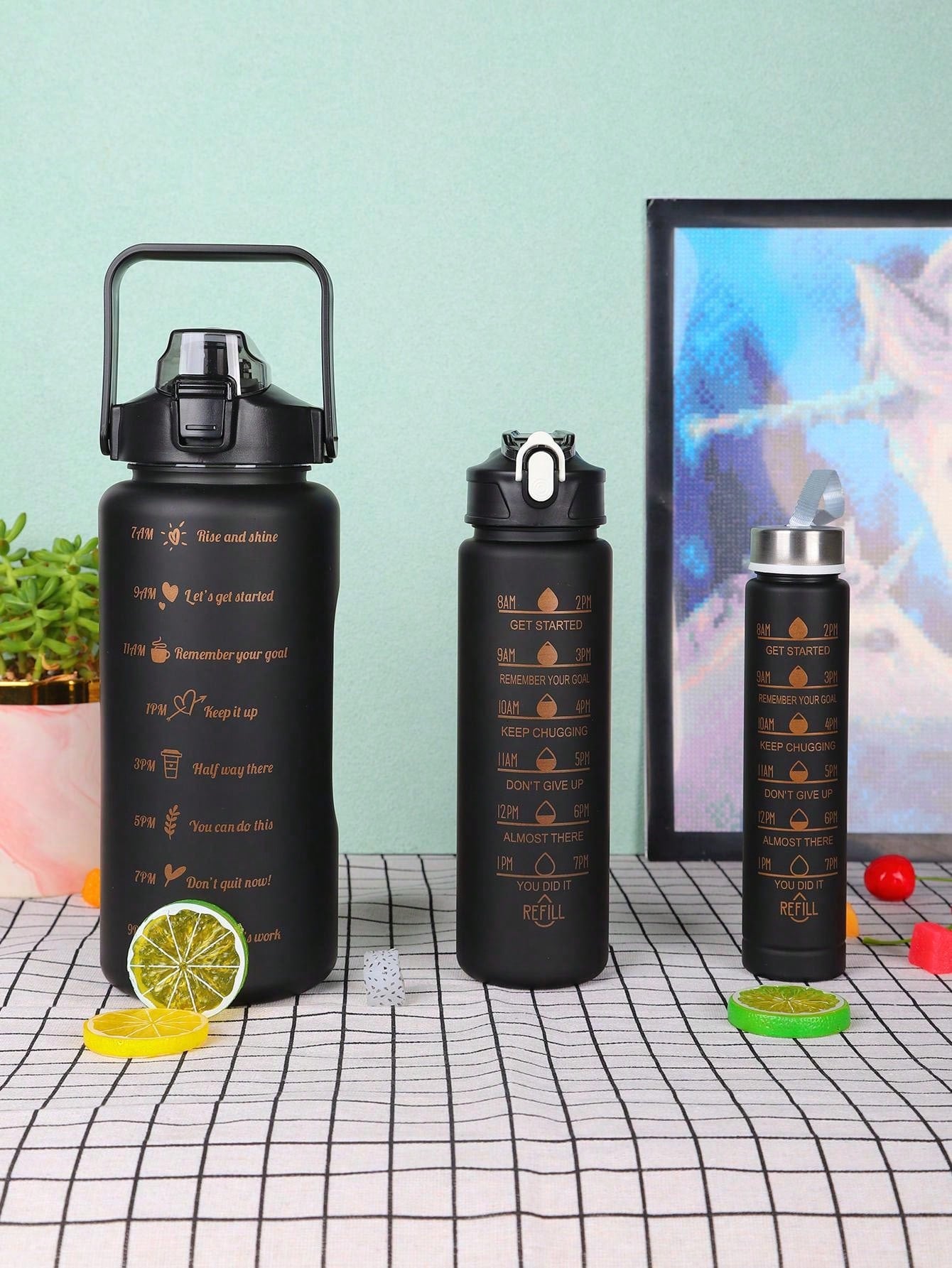 3PCS Three In One 2000ml, 750ml, And 300ml Gradient Water Bottles Set, Portable, Leak Proof, Sports Water Bottle With Time Marker, For Outdoor Travel Camping Or Sports And Fitness
