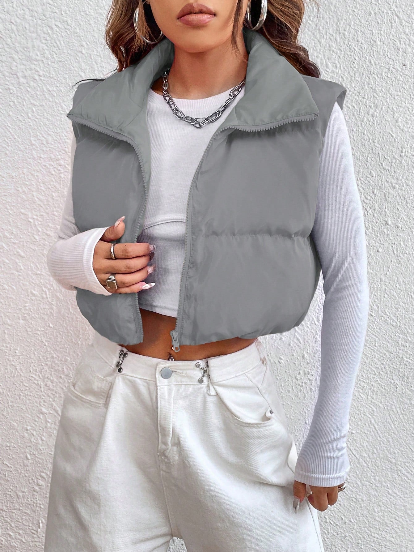 EZwear Zipper Front Casual Vest Khaki Winter Coat